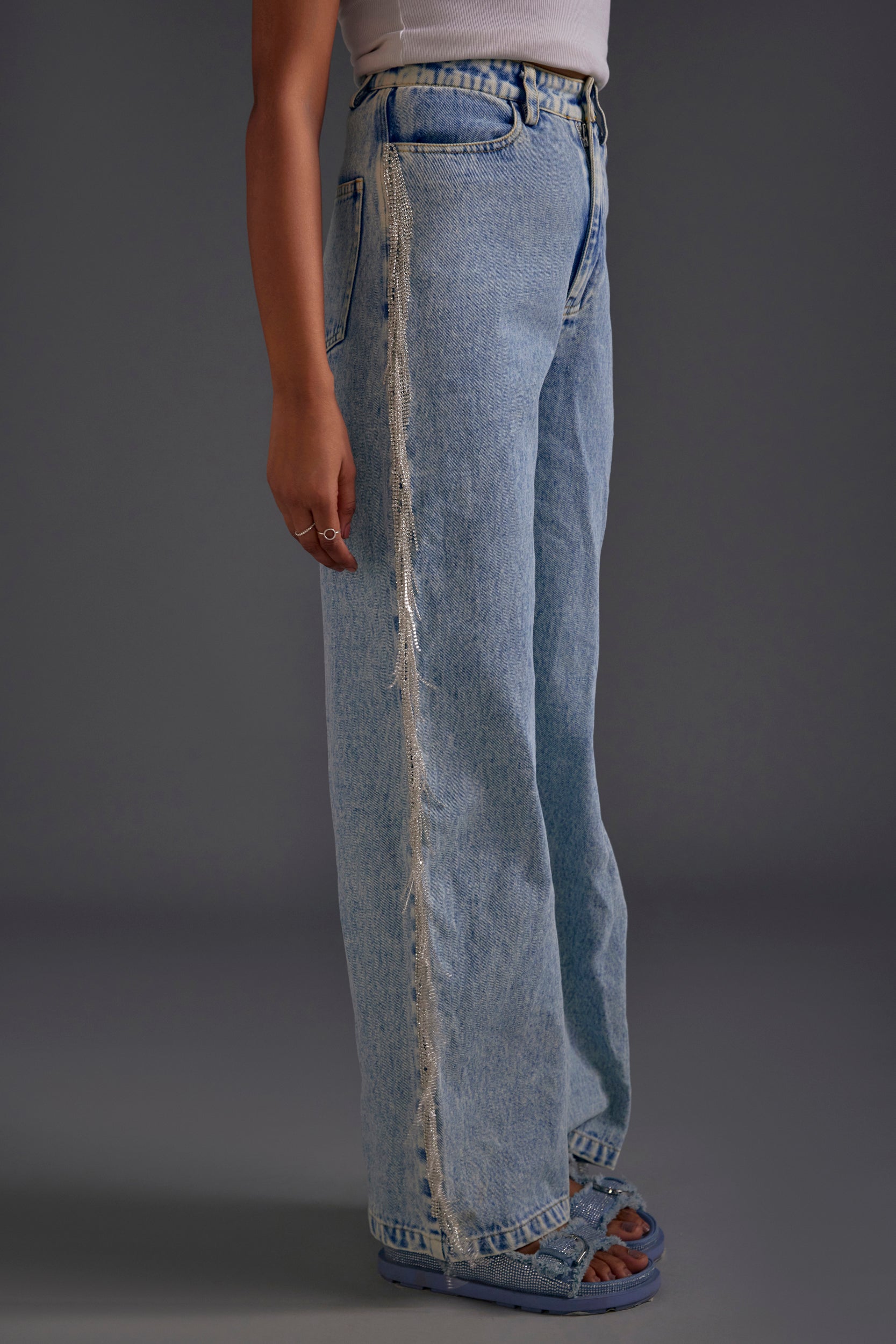 Rhinestone Embellished Blue Jeans - Main Image