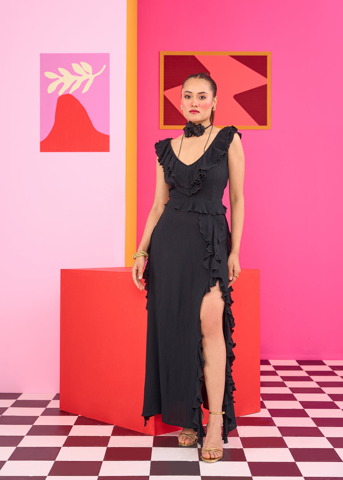 Emily in Paris: Black Ruffled High-Slit Maxi Dress