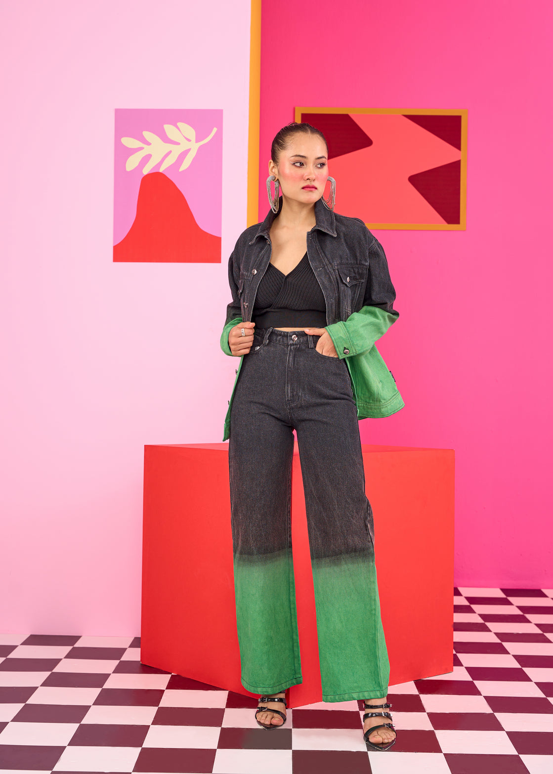 Emily in Paris: Black Green Ombre Wide Leg Jeans