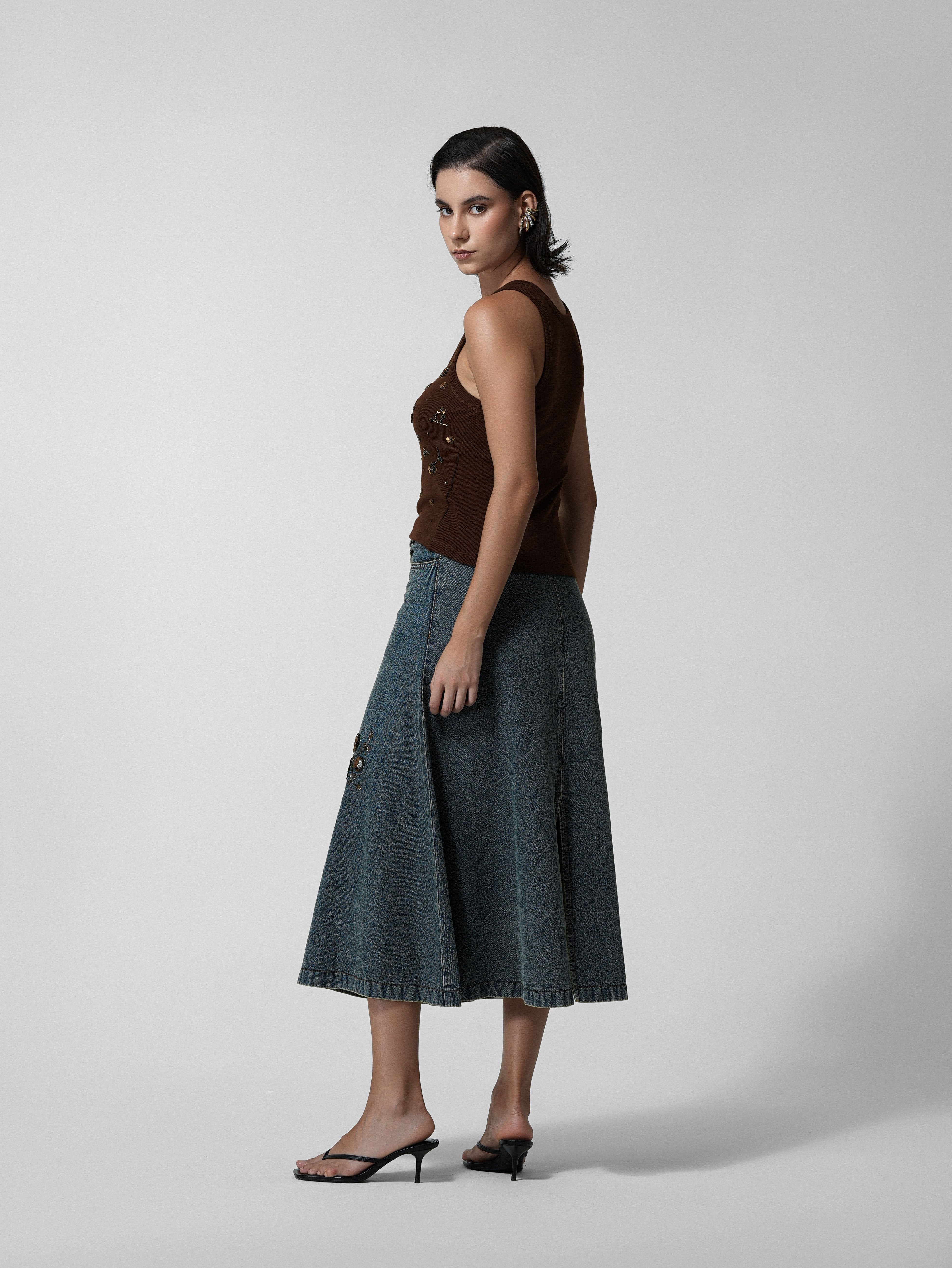 Beaded Vintage-Wash Denim Maxi Skirt