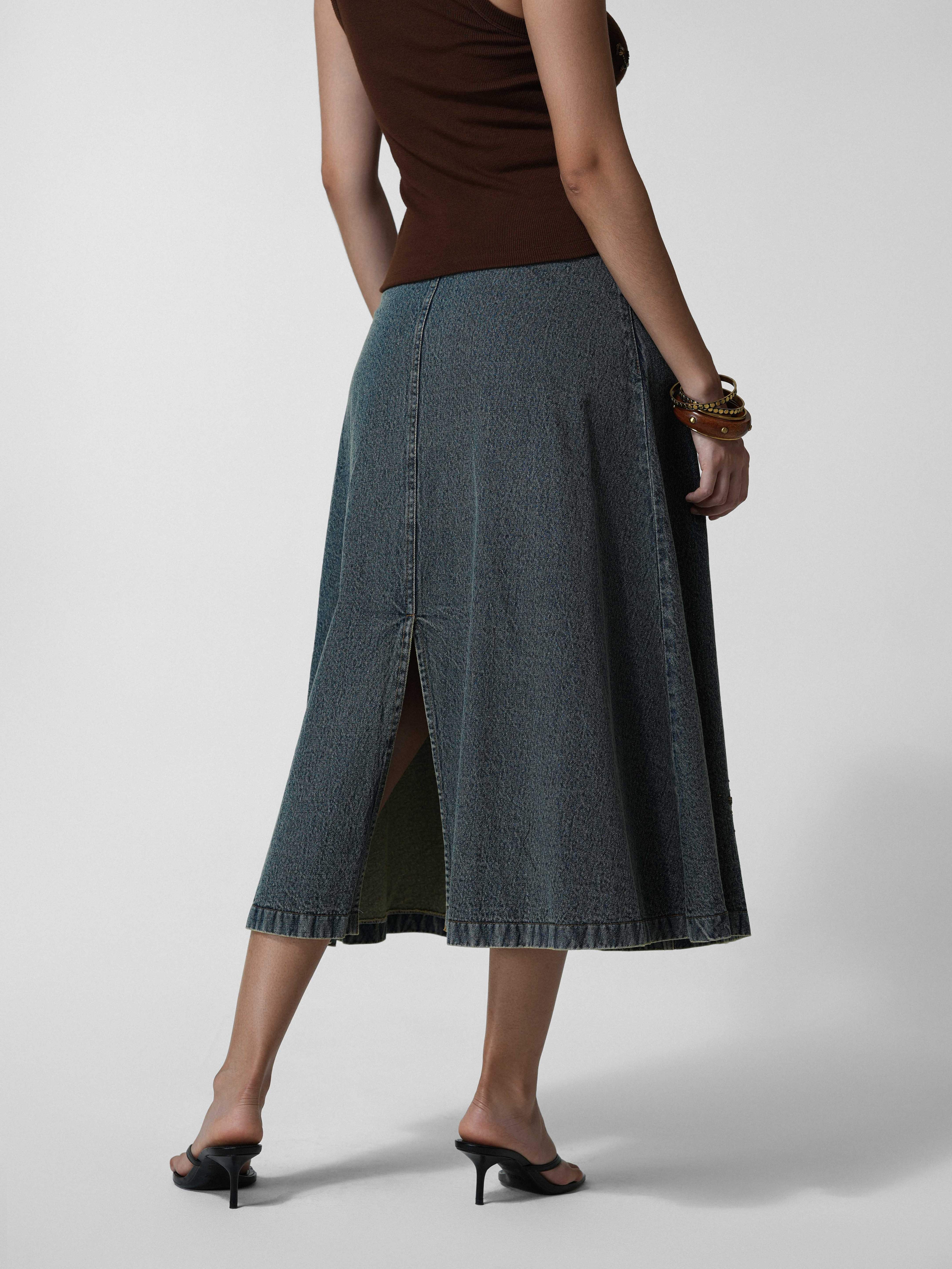 Beaded Vintage-Wash Denim Maxi Skirt