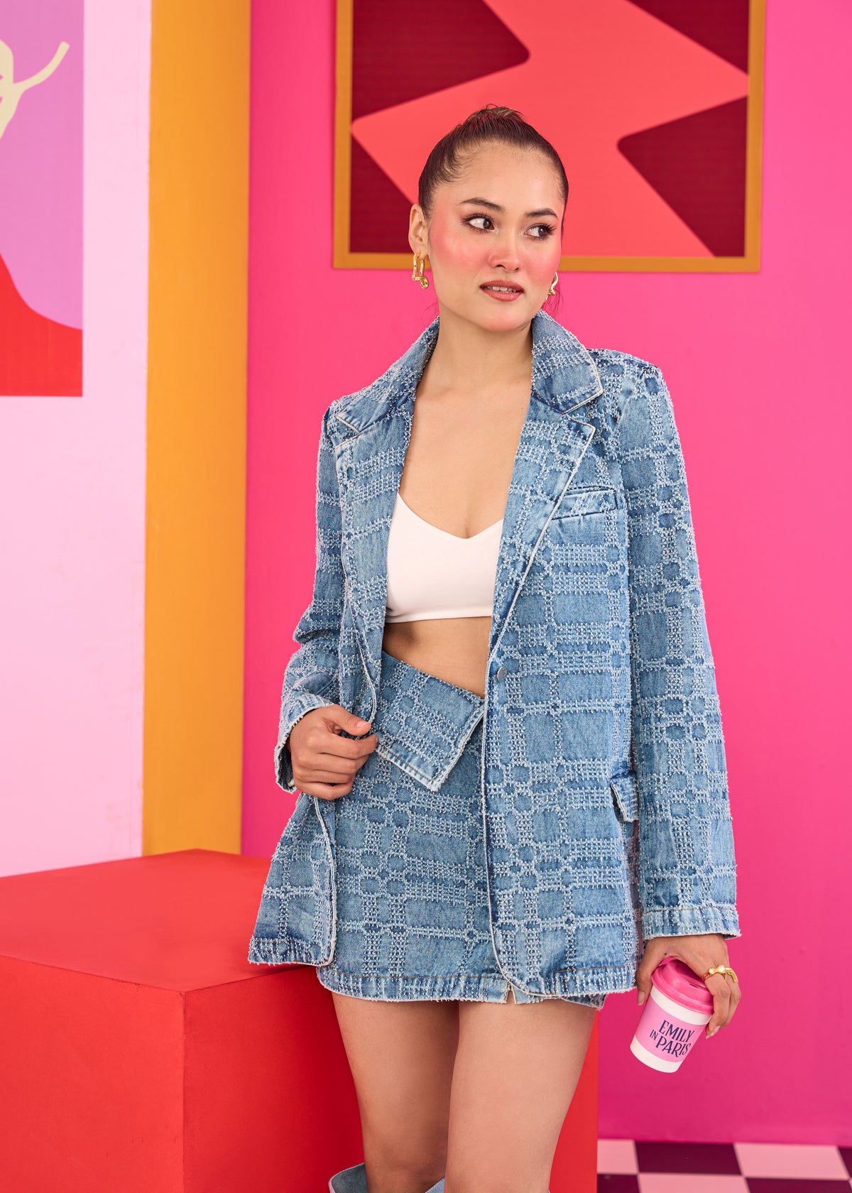 Emily in Paris: Distressed Plaid Denim Blazer