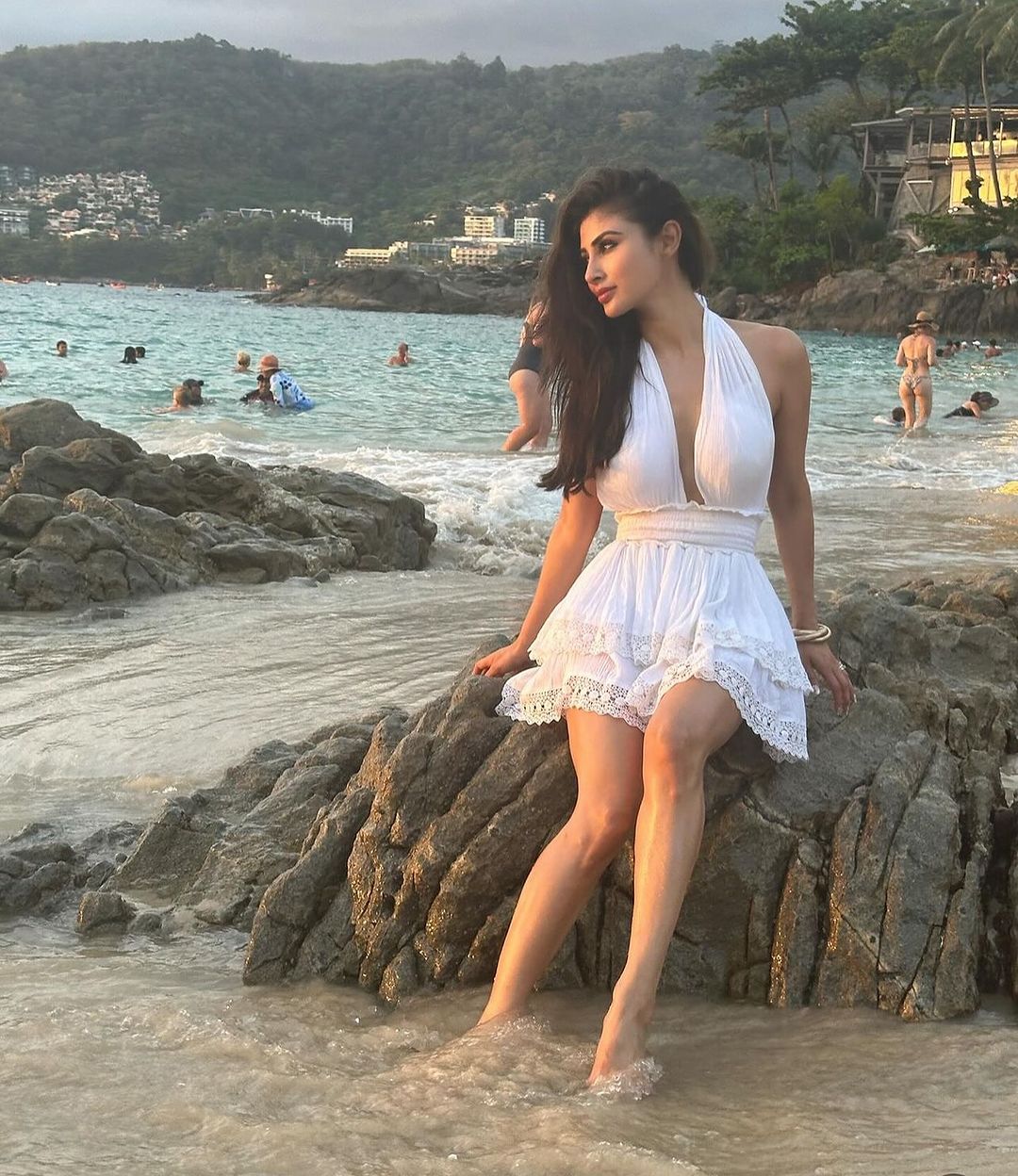 Halter Neck Tie Up Dress With Lace Detail