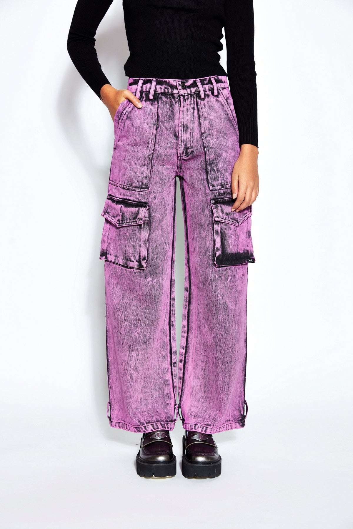 90s Baggy Denim Cargo Jeans- Pink