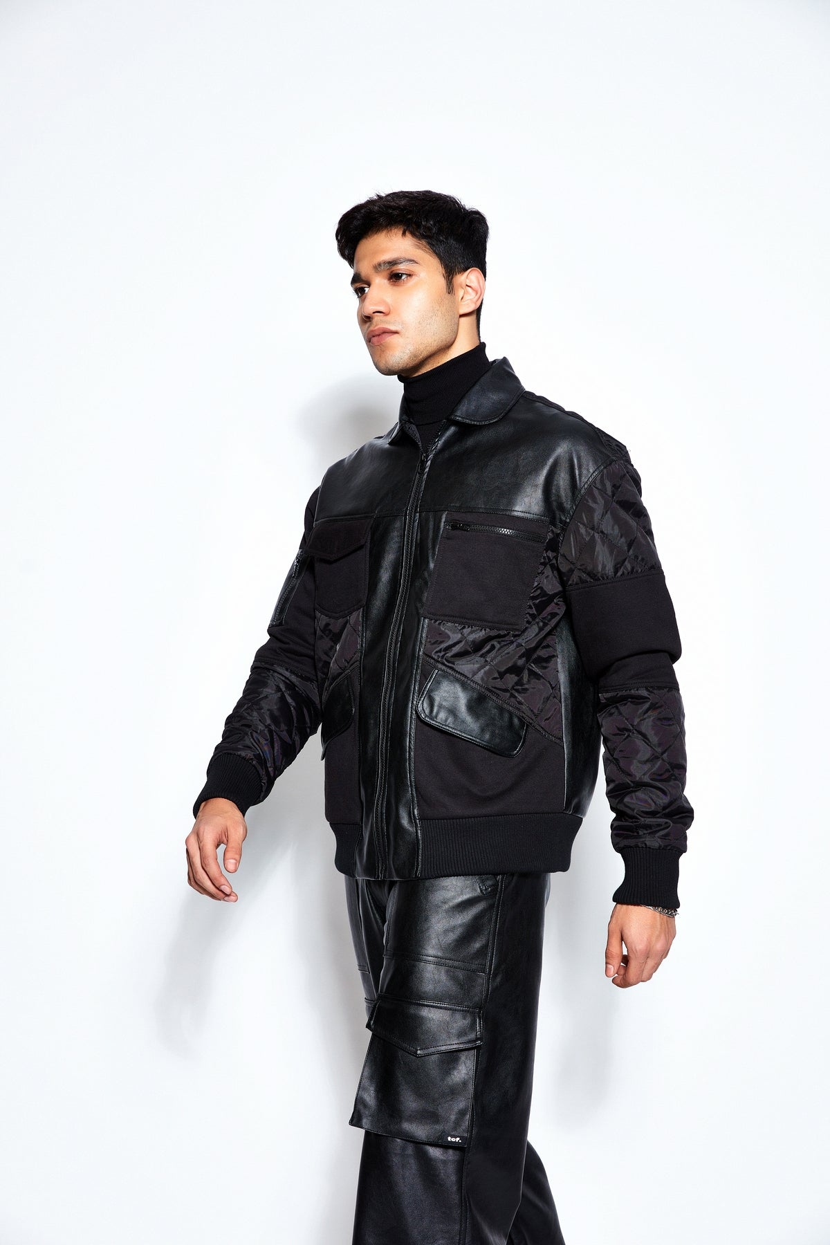 Patchwork Leather Bomber Jacket and Pant Set