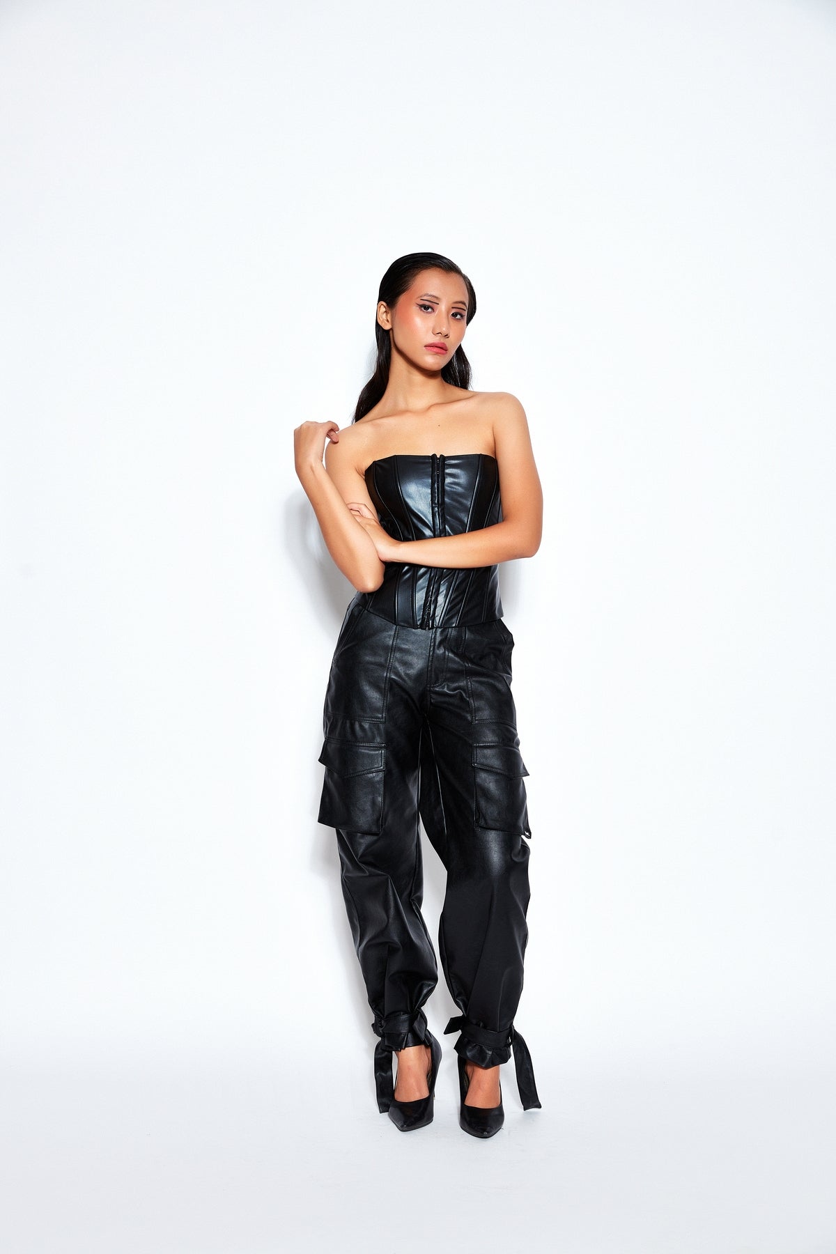 Faux Leather Corset Top and Cargo Pant Set