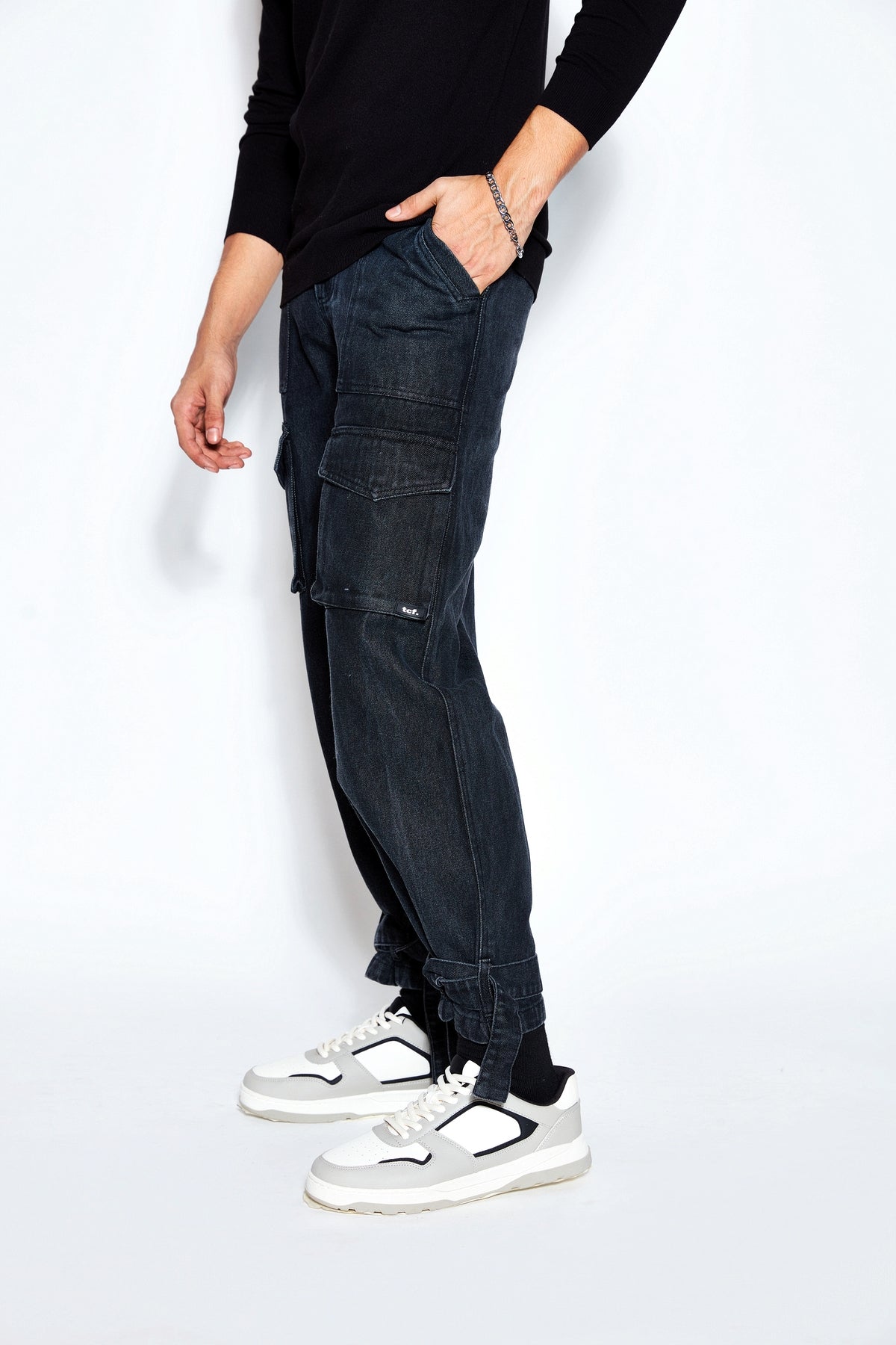 90s Baggy Denim Cargo Jeans- Black