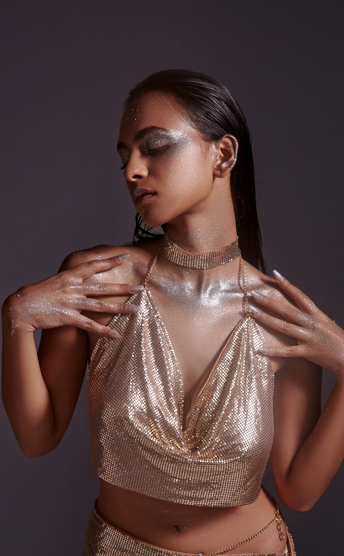 Metallic Chainmail Cowl Top