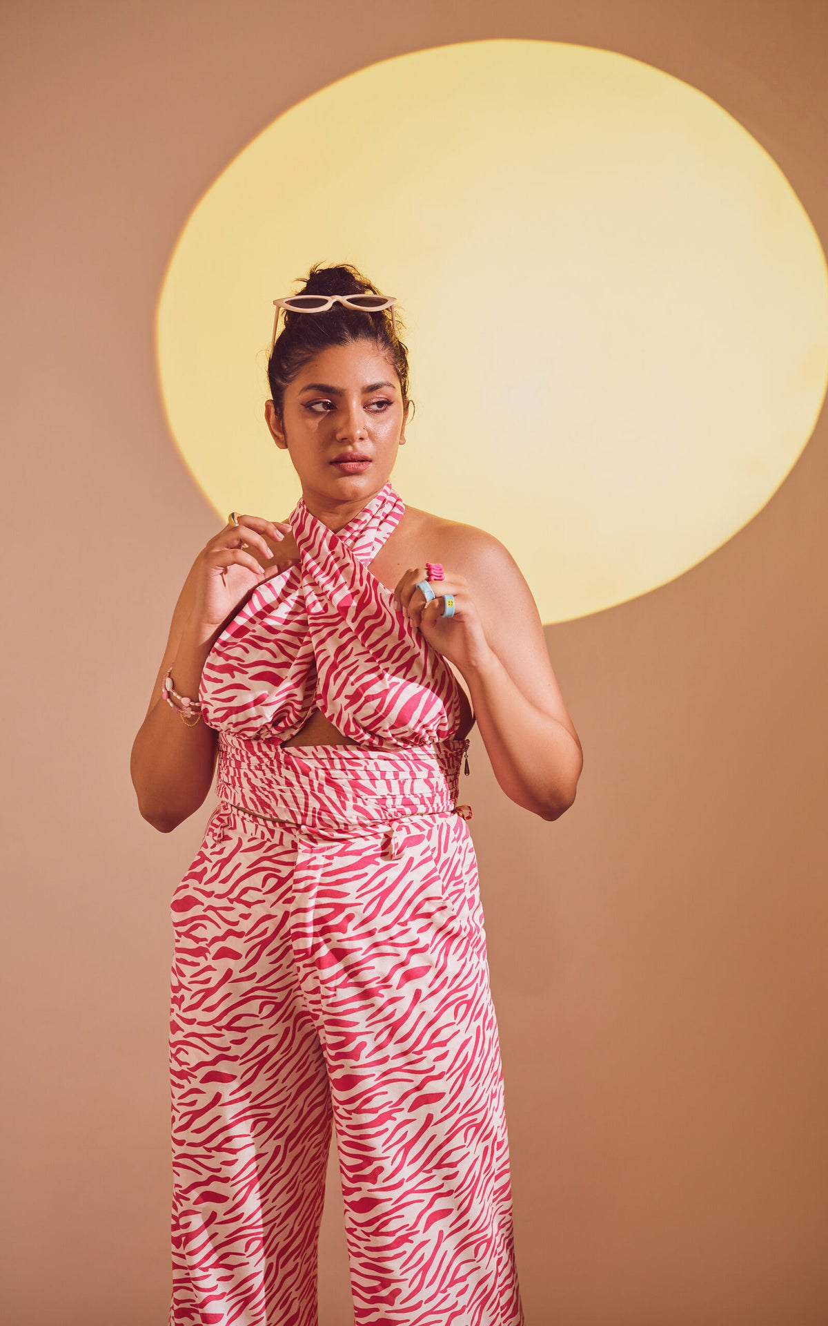 Pink Abstract Print Cross Wrap Halter Top