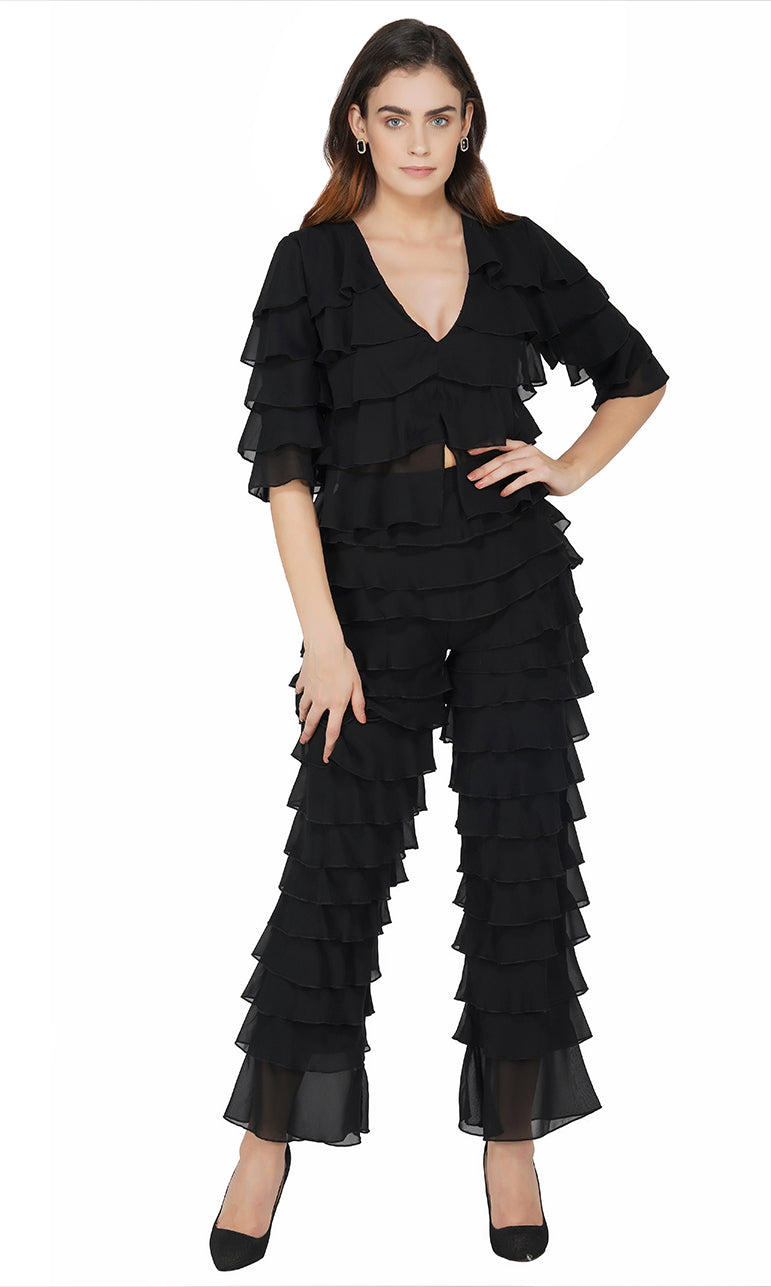 Black Ruffled V-neck Top