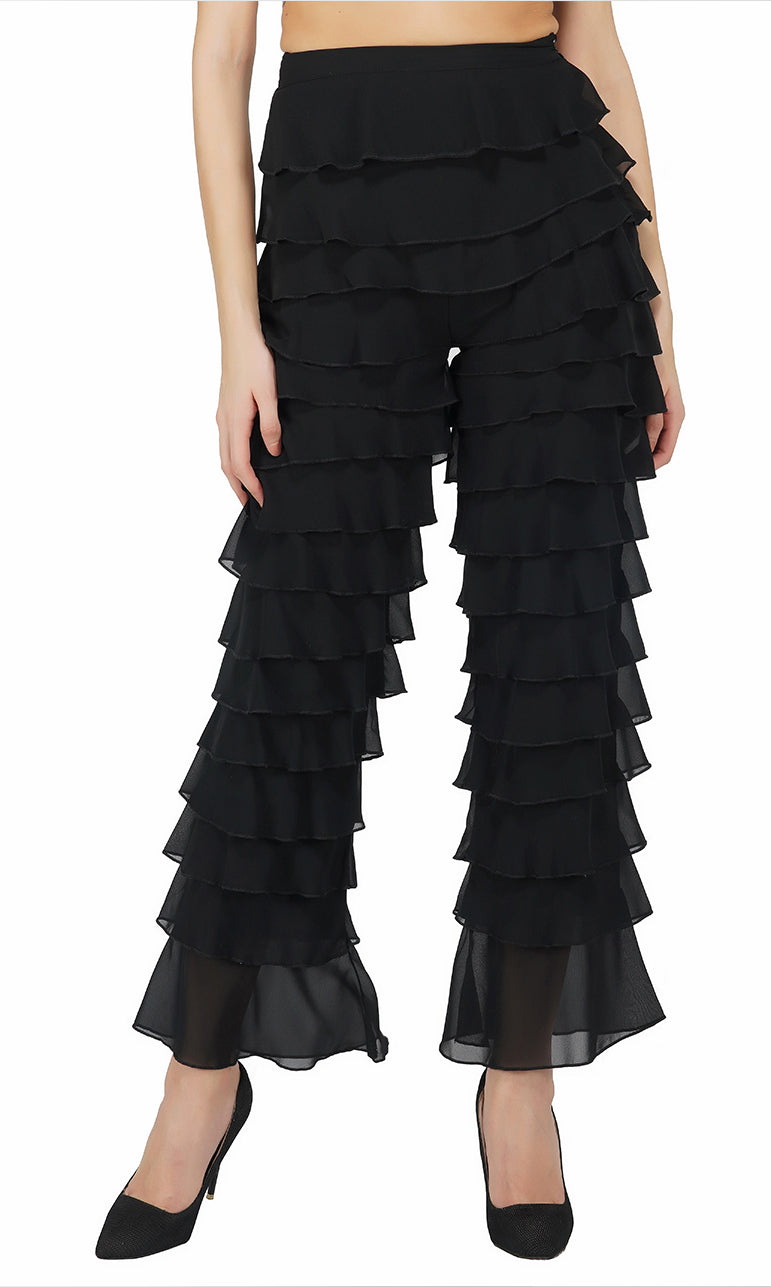 Black Ruffled Straight Legged Pants