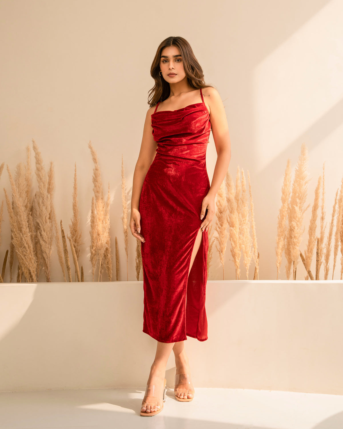 Red Velvet Cowl Neck Dress