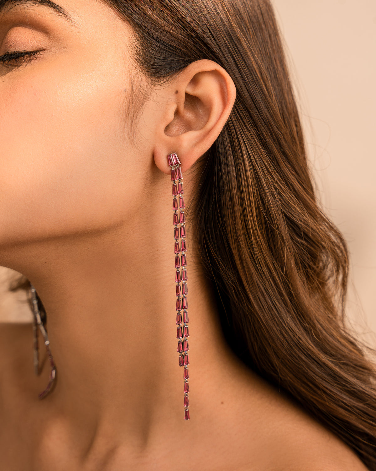 Pink double line beaded danglers