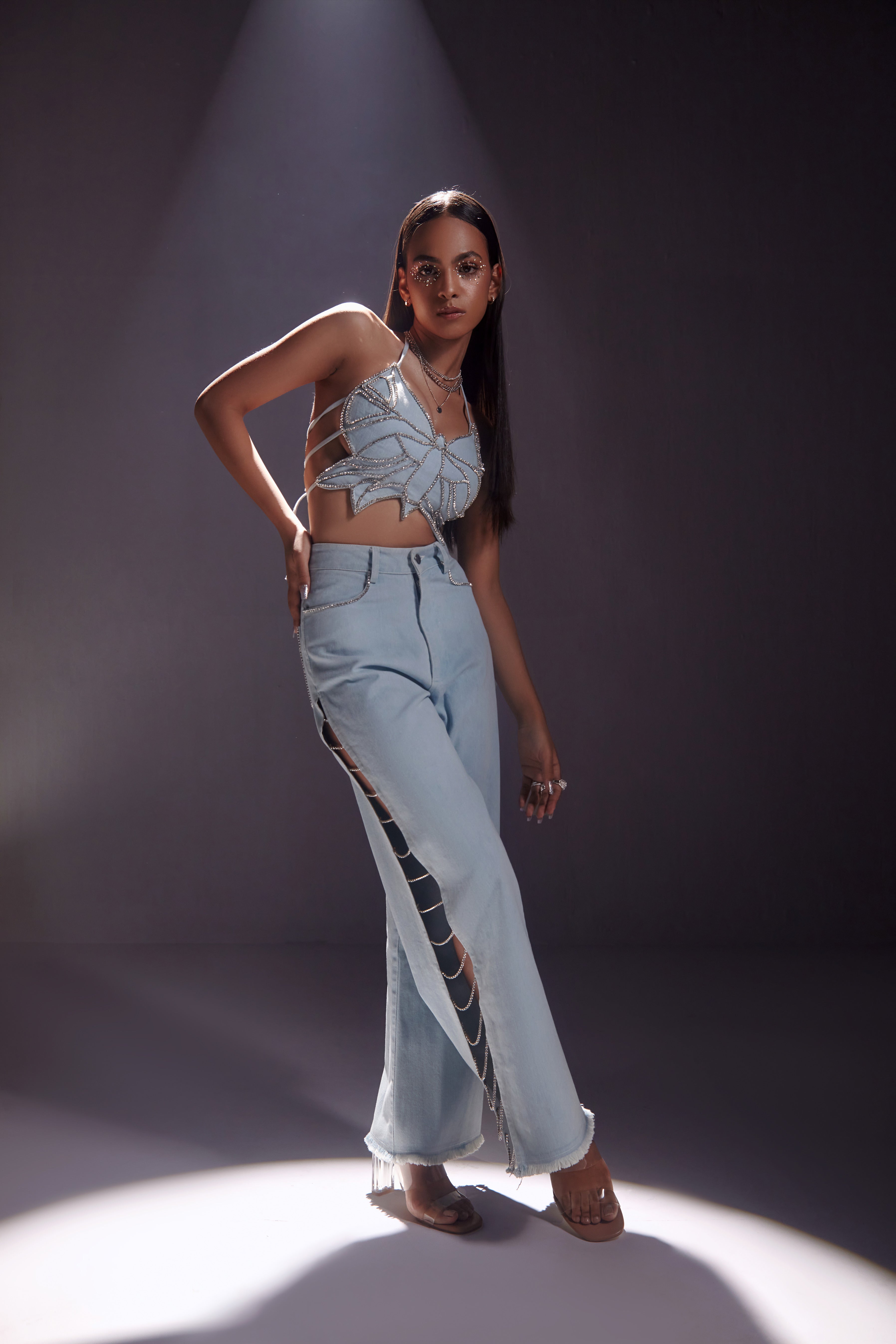Rhinestone Embellished Jeans with Side Slit