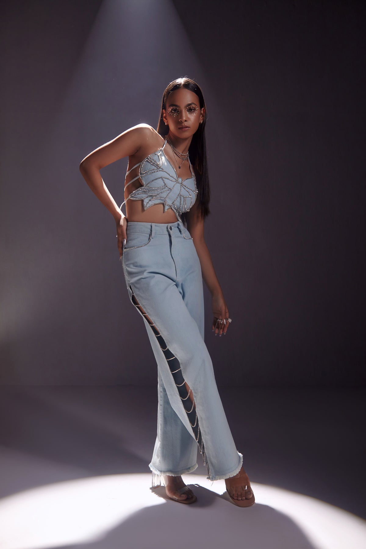 Rhinestone Embellished Jeans with Side Slit