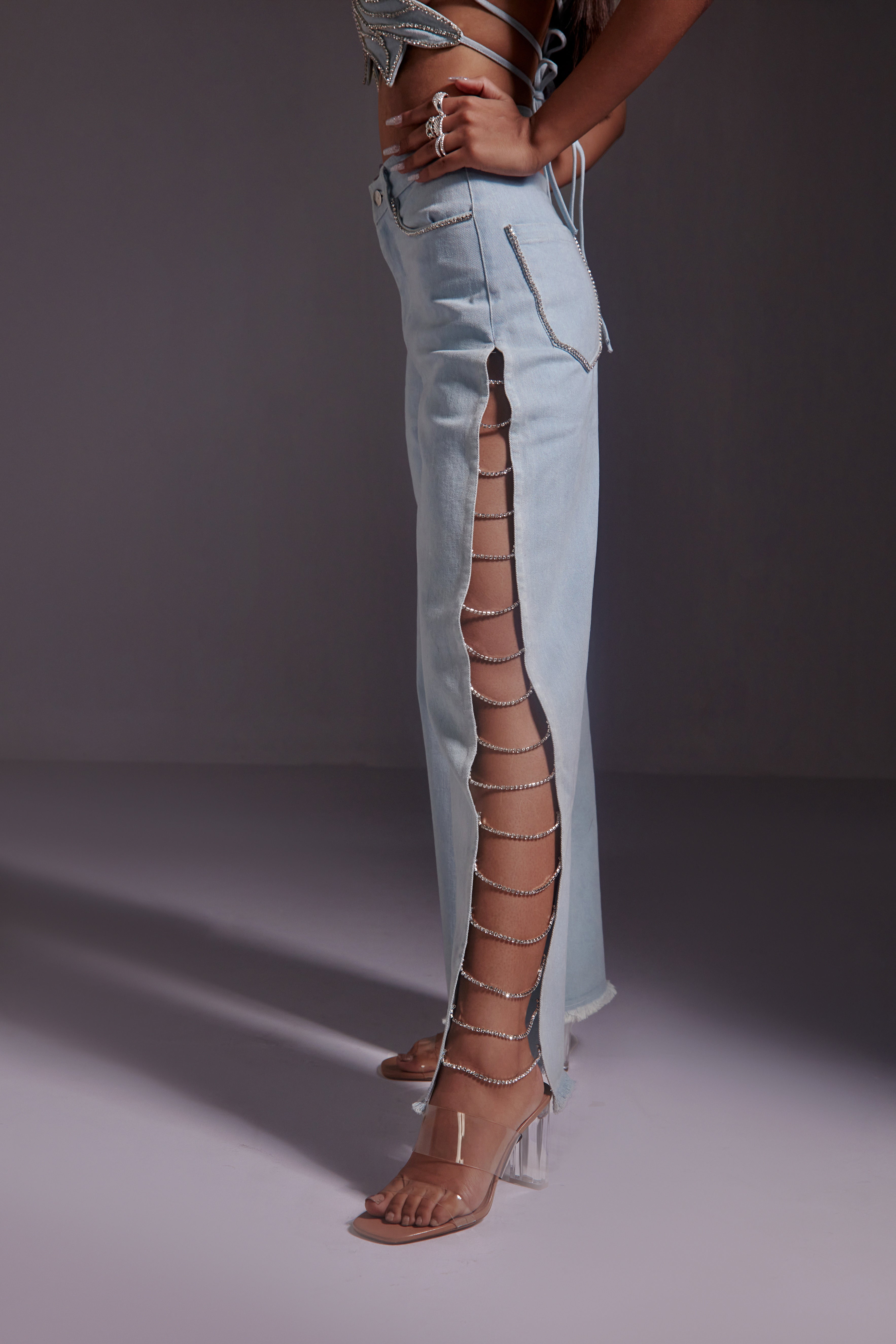 Rhinestone Embellished Jeans with Side Slit