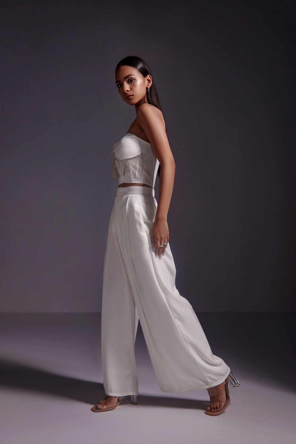 Flared Pleated Pants-White