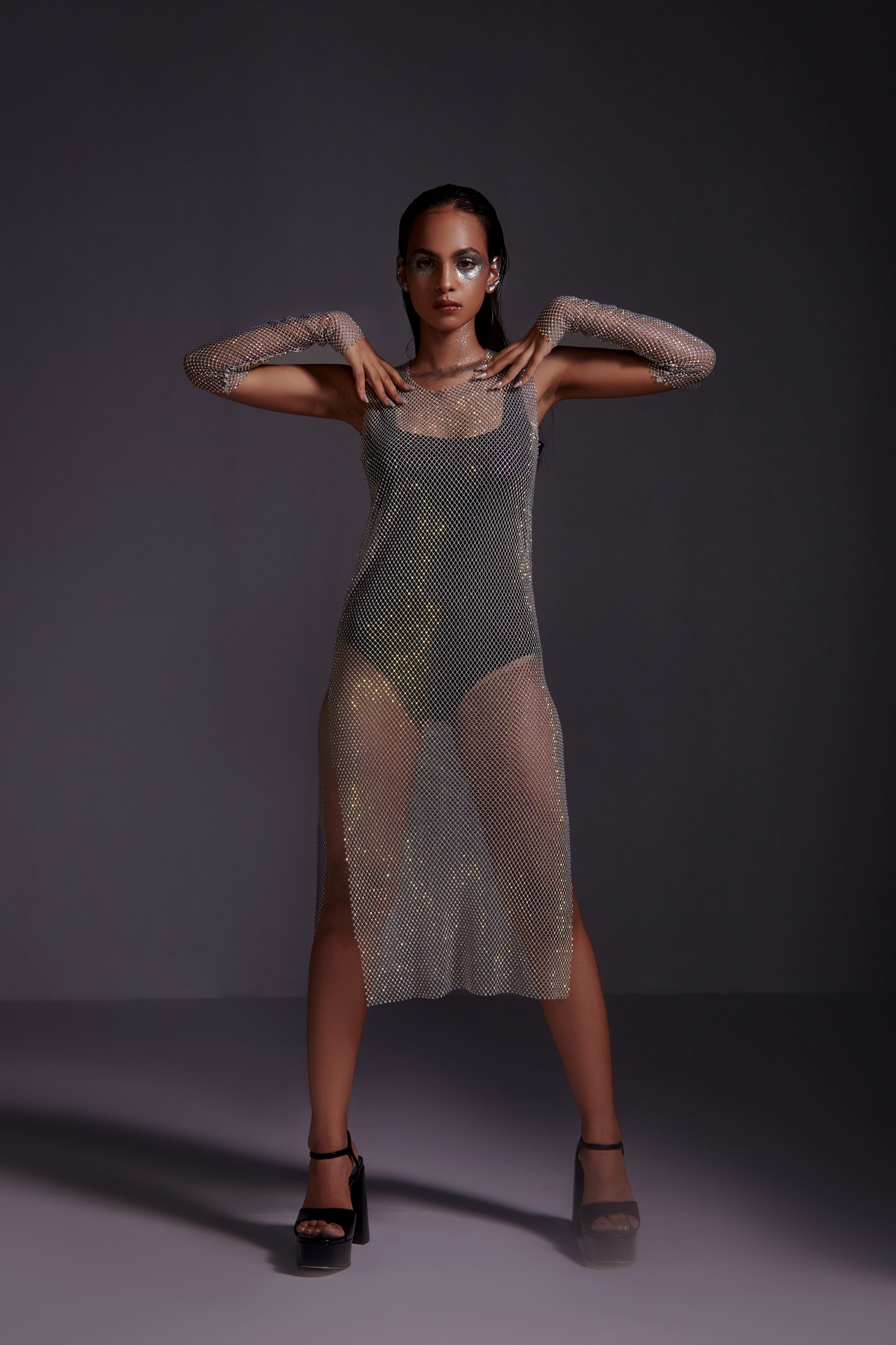 Diamond Mesh Midi Dress- Grey