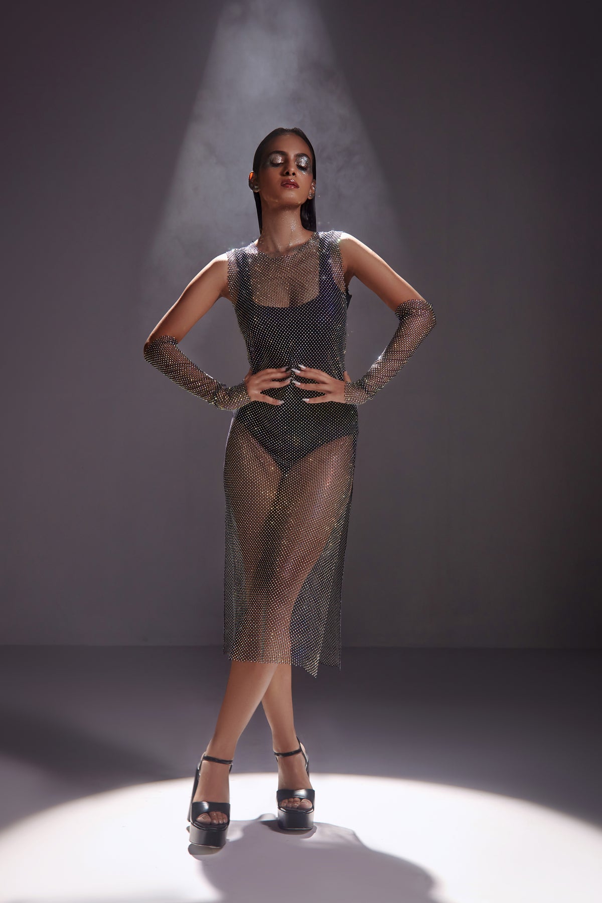 Diamond Mesh Midi Dress- Black