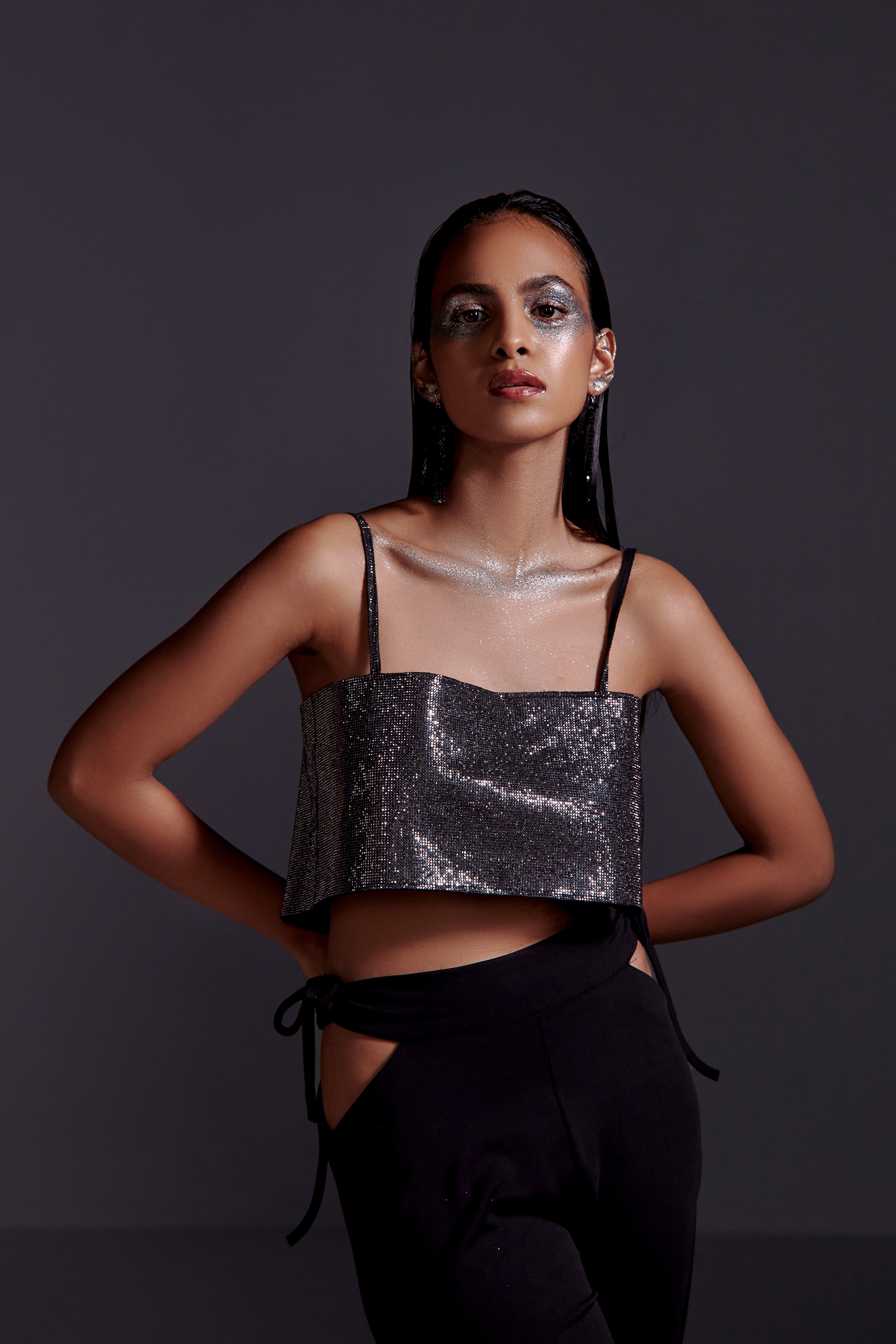 Crystal Embellished crop top- Grey