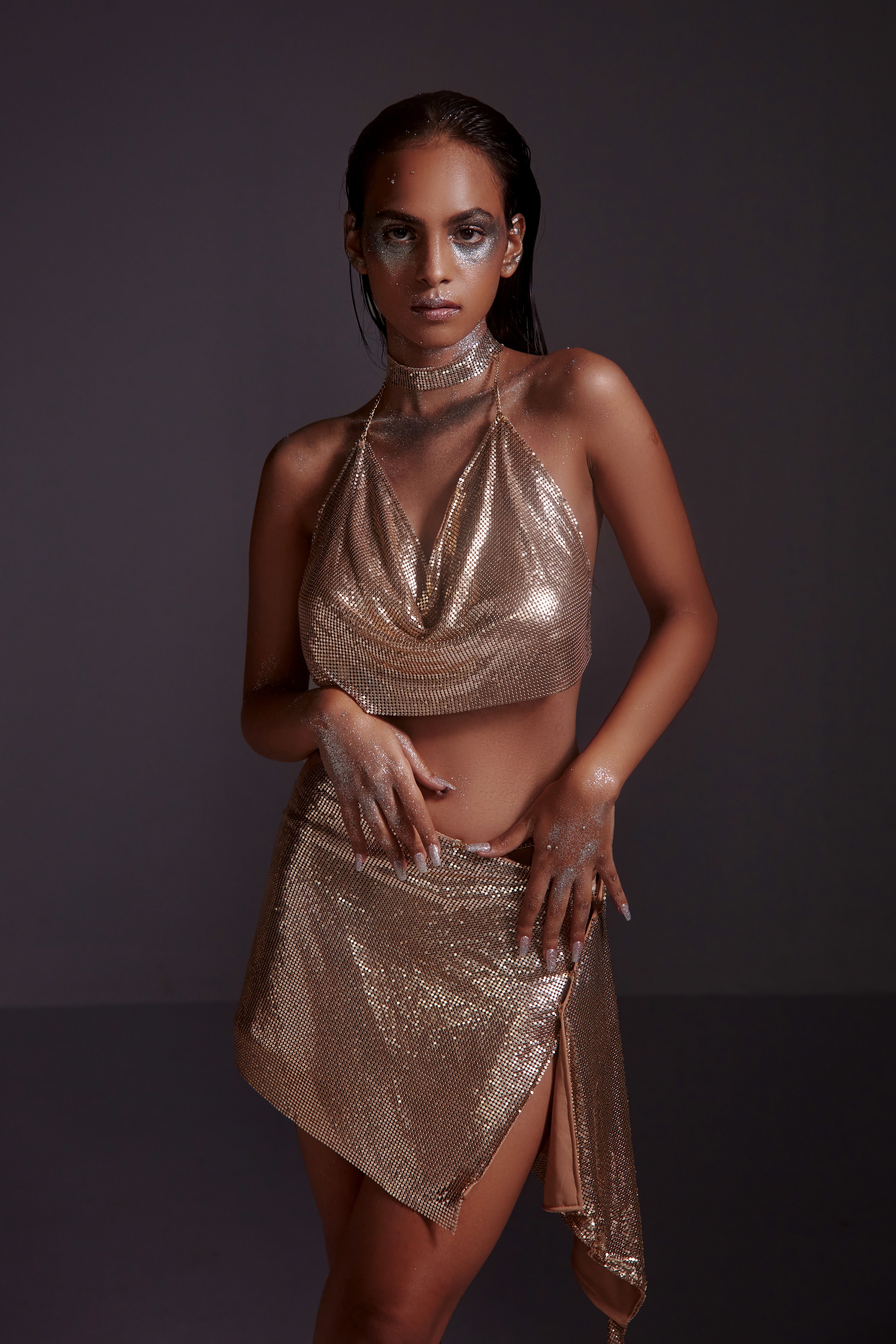 Metallic Chainmail Cowl Top