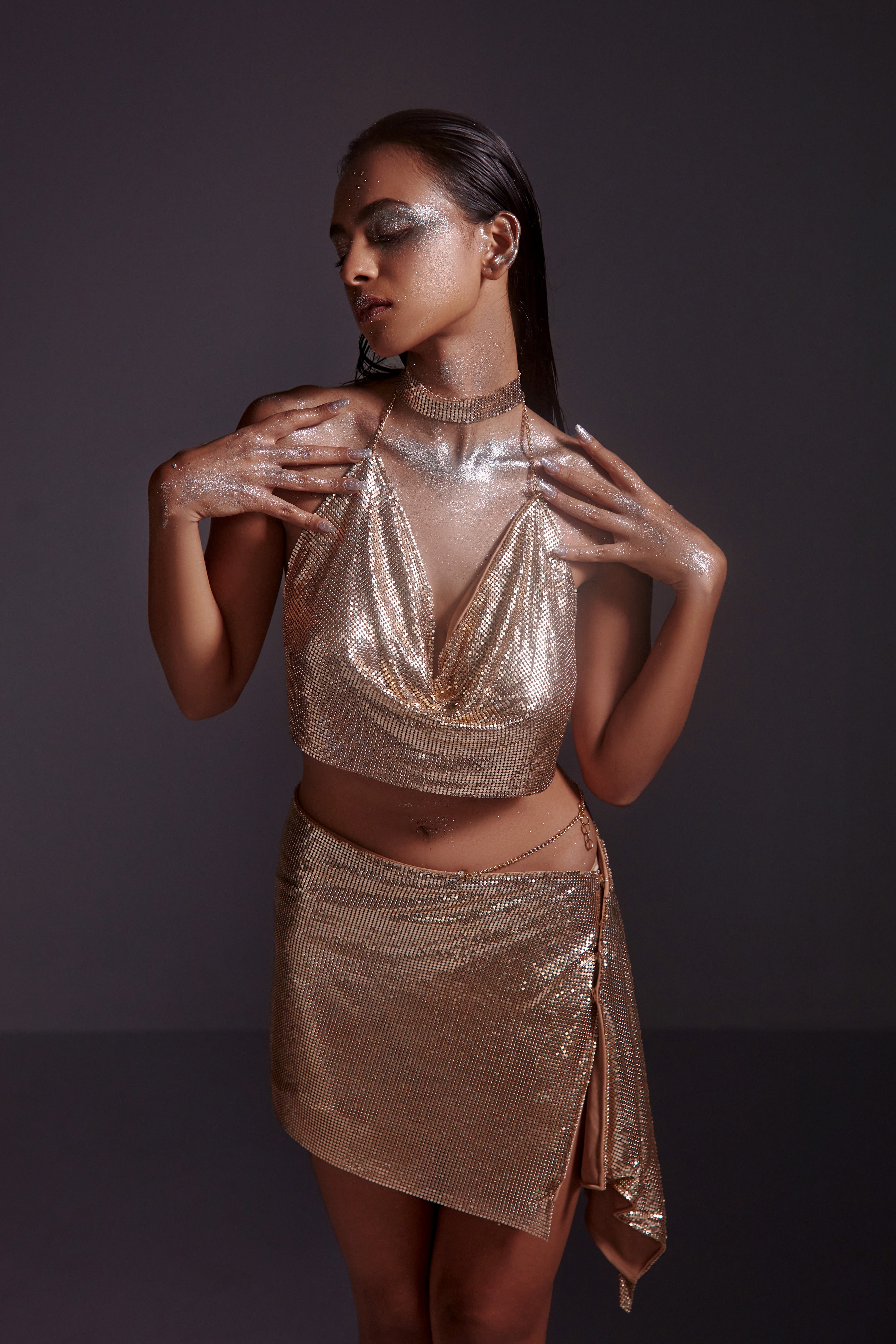 Metallic Chainmail Wrap Skirt- Champagne
