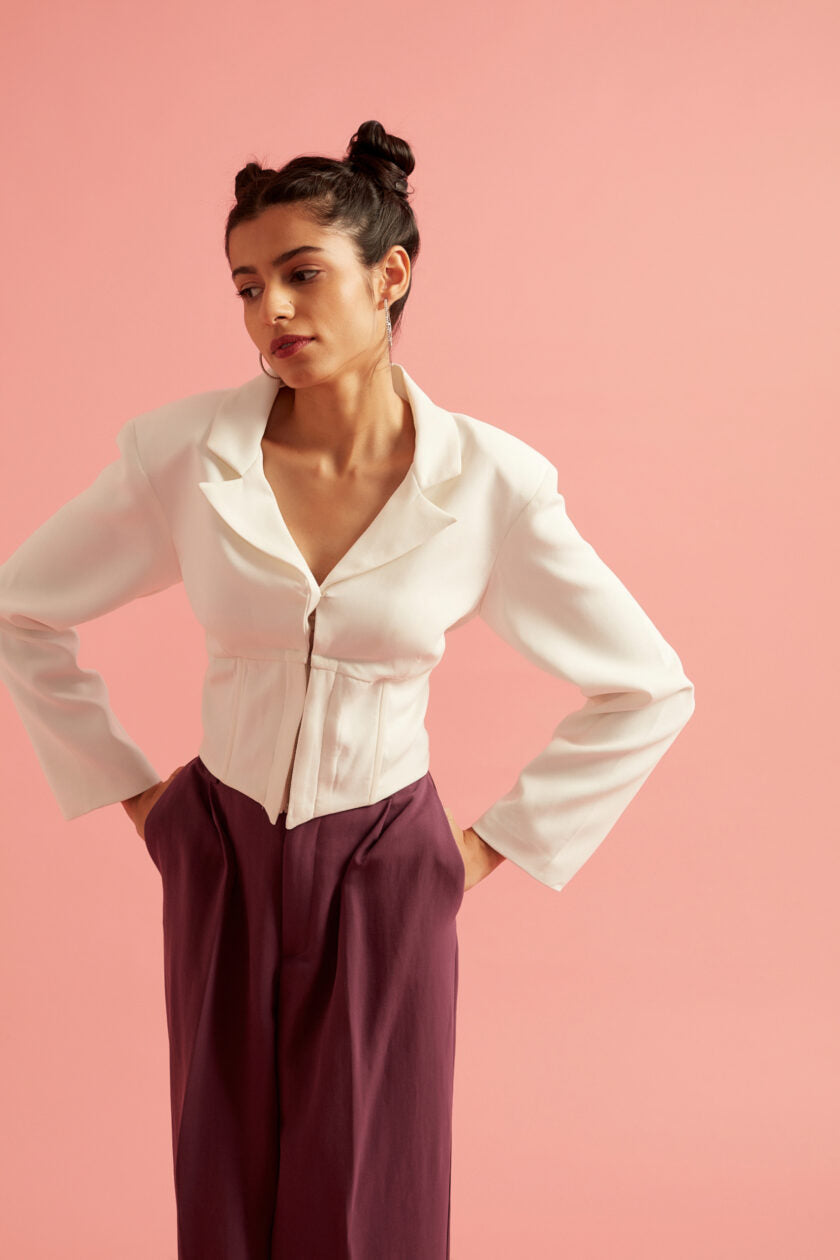 Plunging Front Corset Blazer White Top