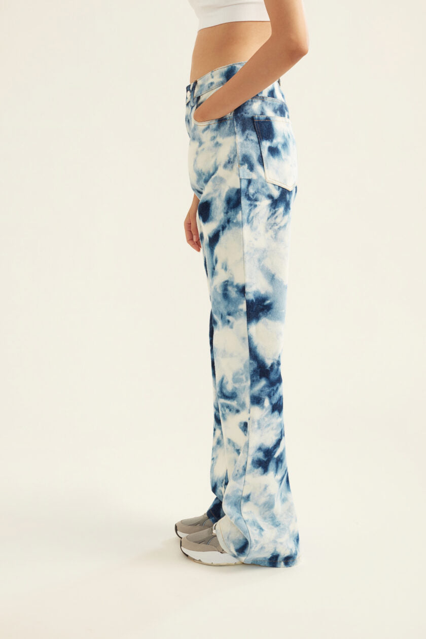 Blue and White Tie-Dye Effect Flared Denim Jeans for Women