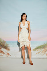 Halter Neck O Ring Dress with Fringe Lace