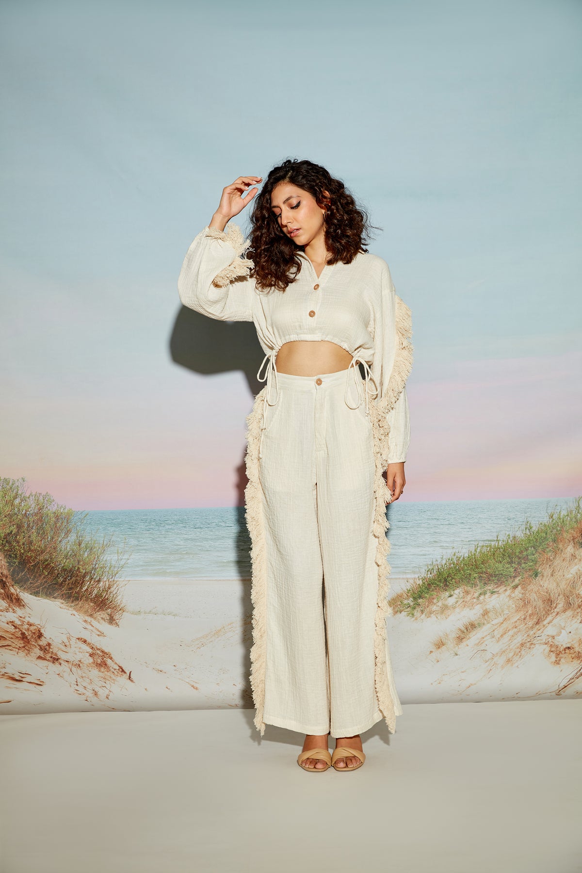 Balloon Sleeve Crop Shirt with Fringe Lace