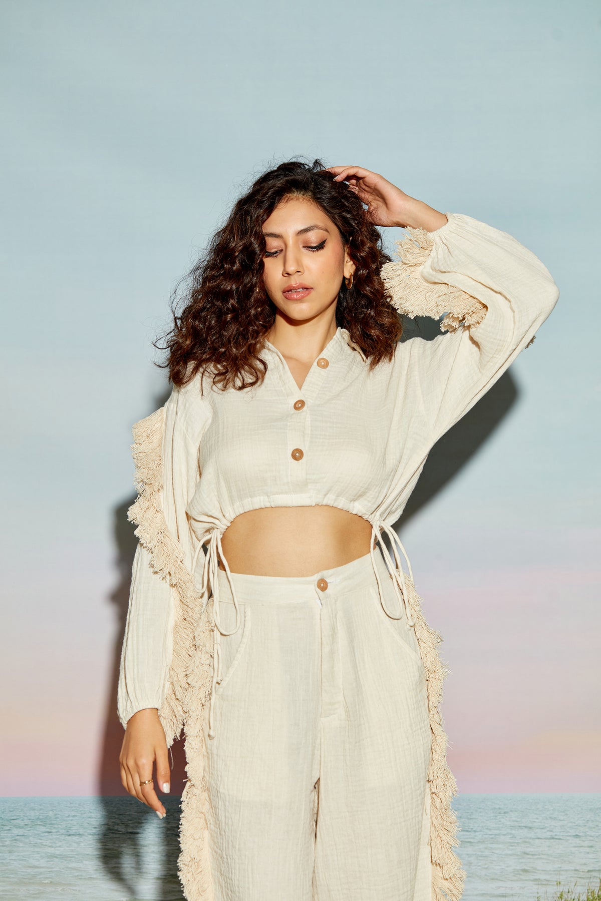 Balloon Sleeve Crop Shirt with Fringe Lace