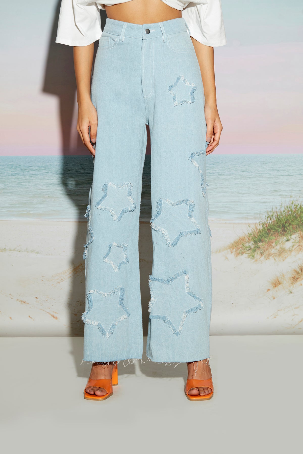 Wide Leg Denim Jeans with Star Patch