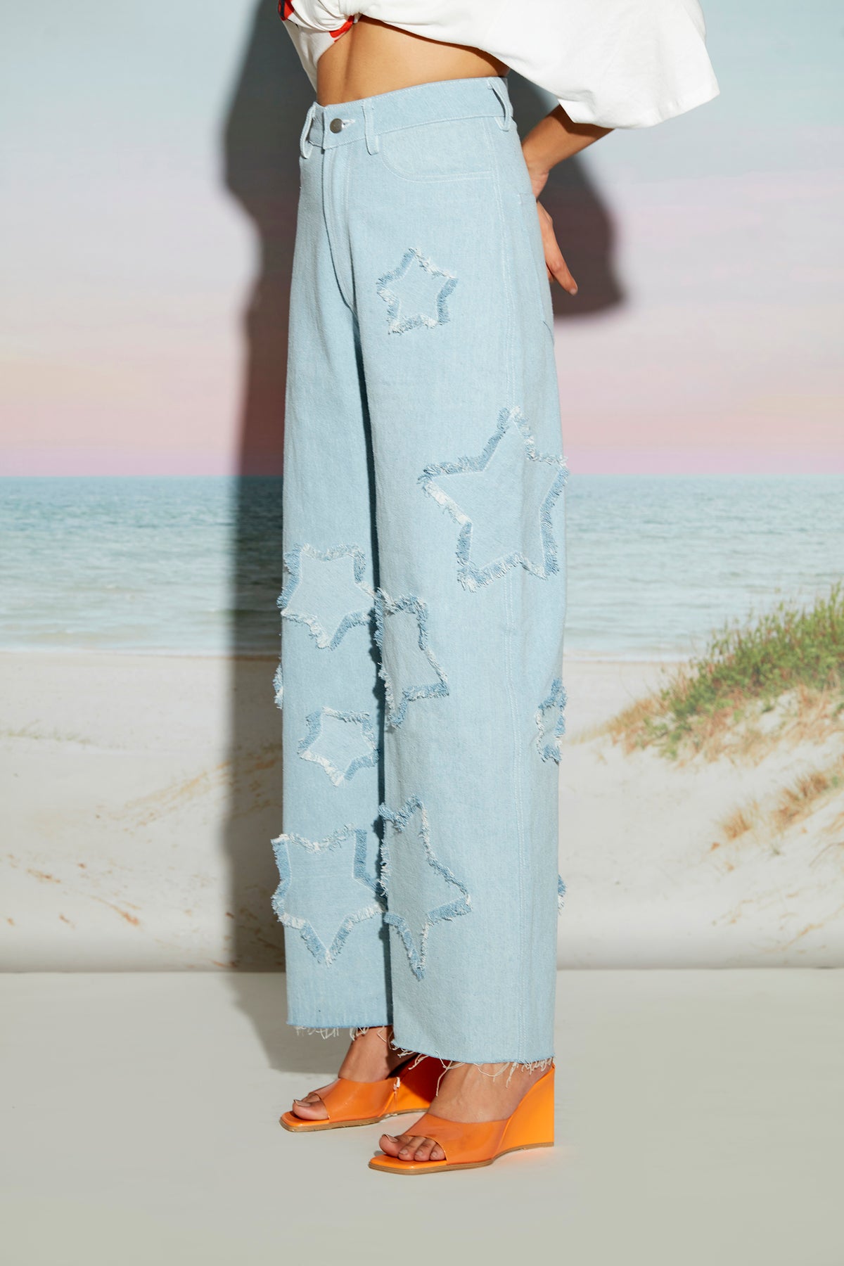 Wide Leg Denim Jeans with Star Patch