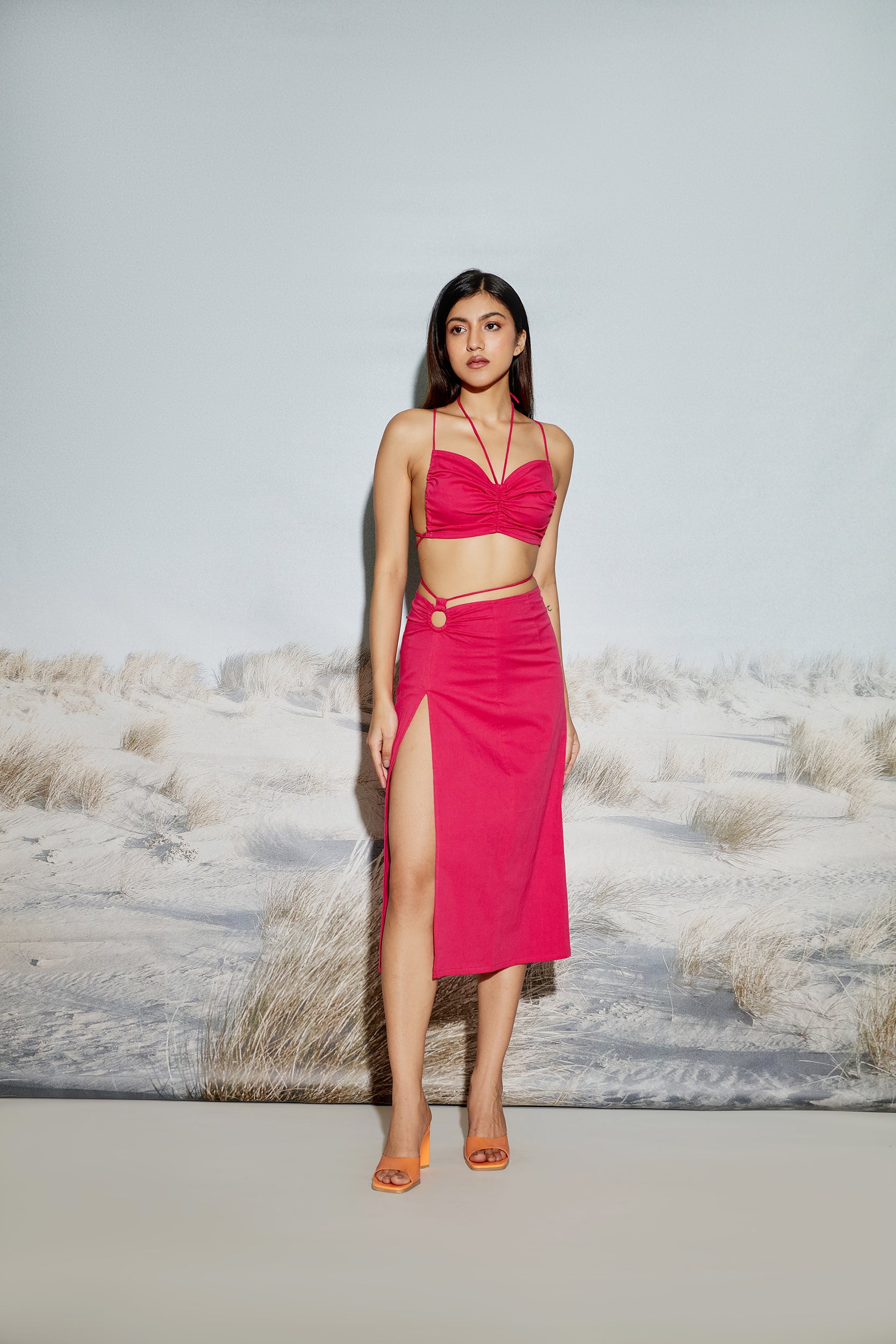 O-Ring Maxi Skirt with Front Slit and Drawstring detail