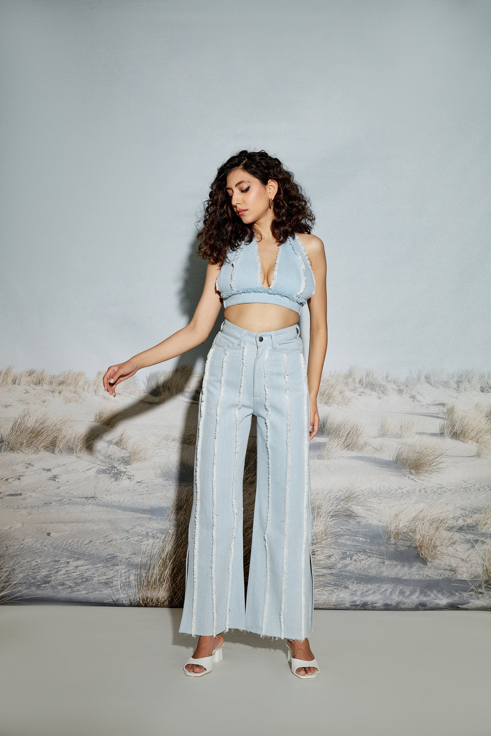 Paneled Halter Neck Denim Top