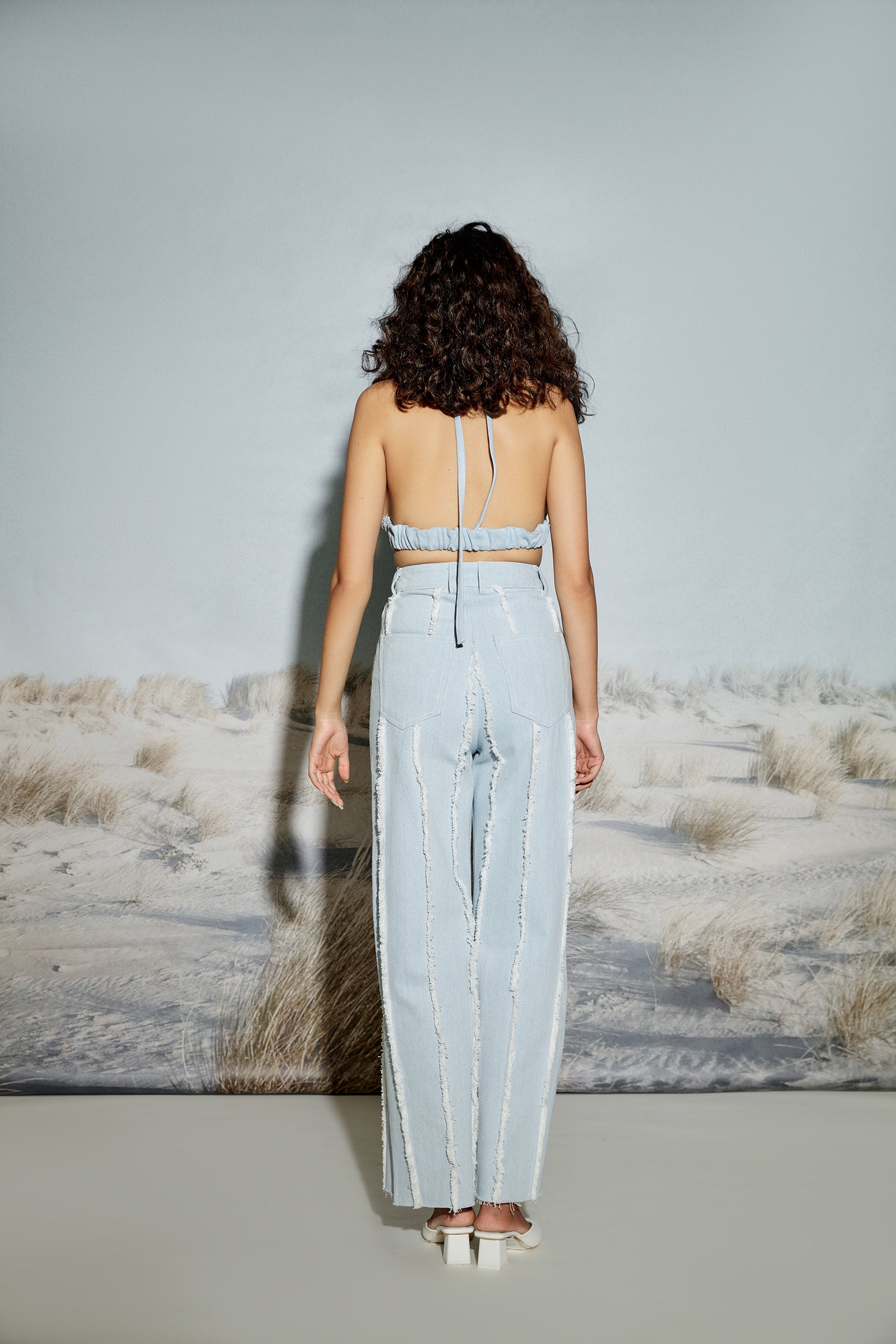Paneled Halter Neck Denim Top