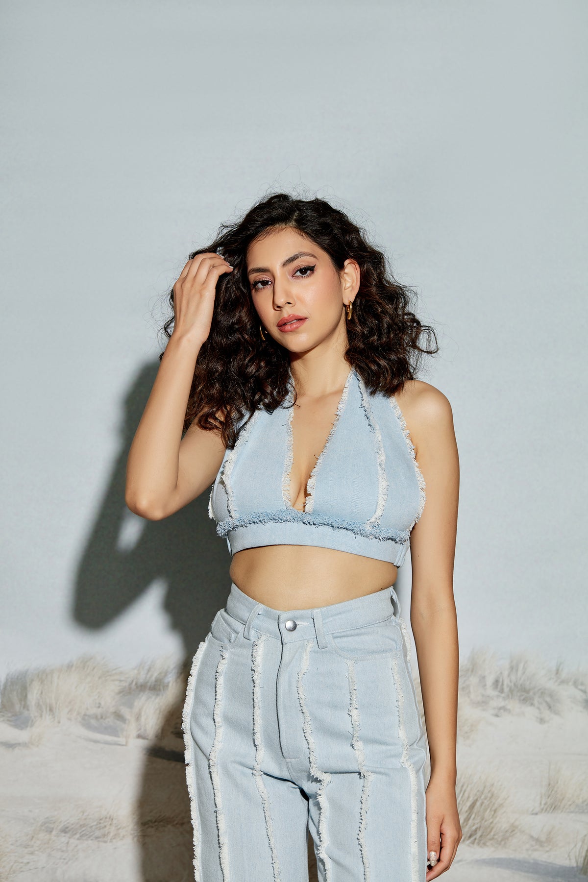 Paneled Halter Neck Denim Top