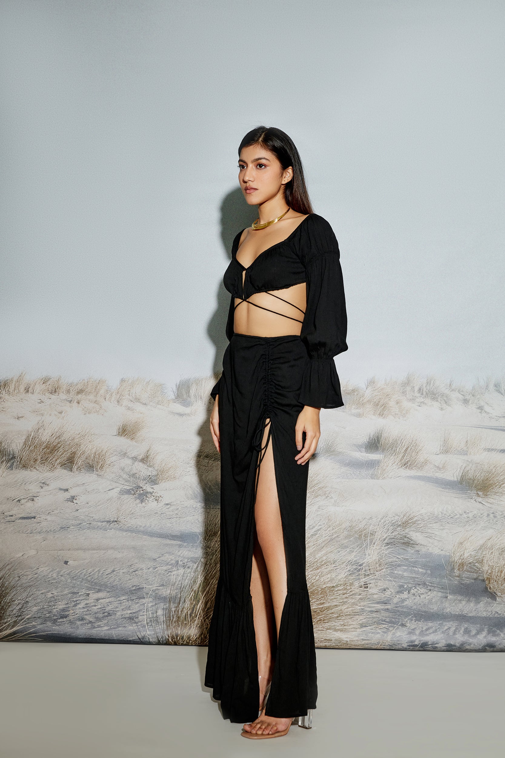 Off Shoulder Crop Top with Crossover Drawstring Detail