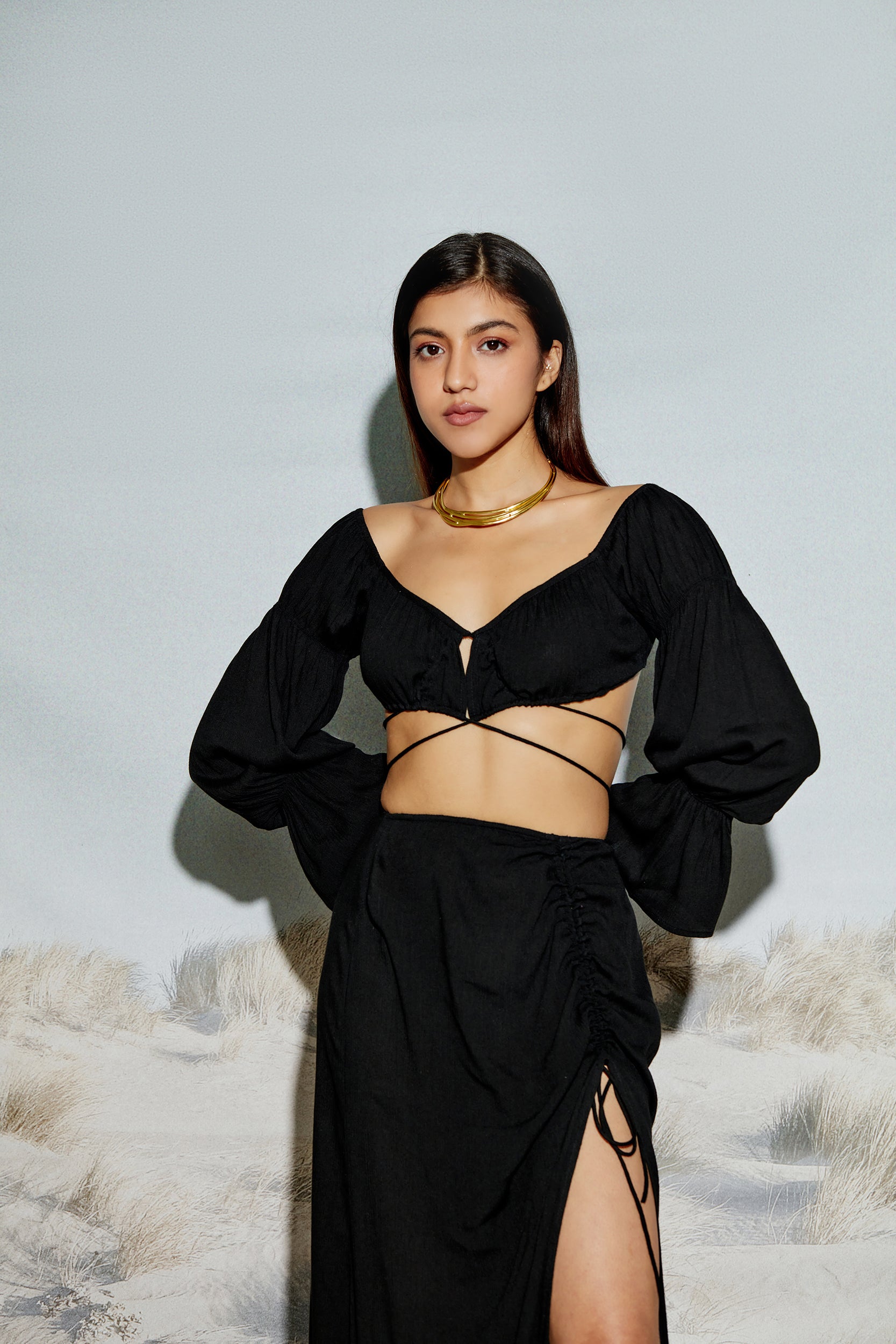 Off Shoulder Crop Top with Crossover Drawstring Detail