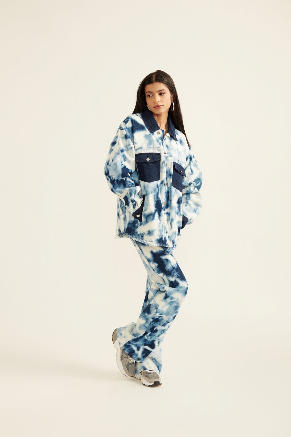 Blue and White Tie-Dye Effect Flared Denim Jeans for Women