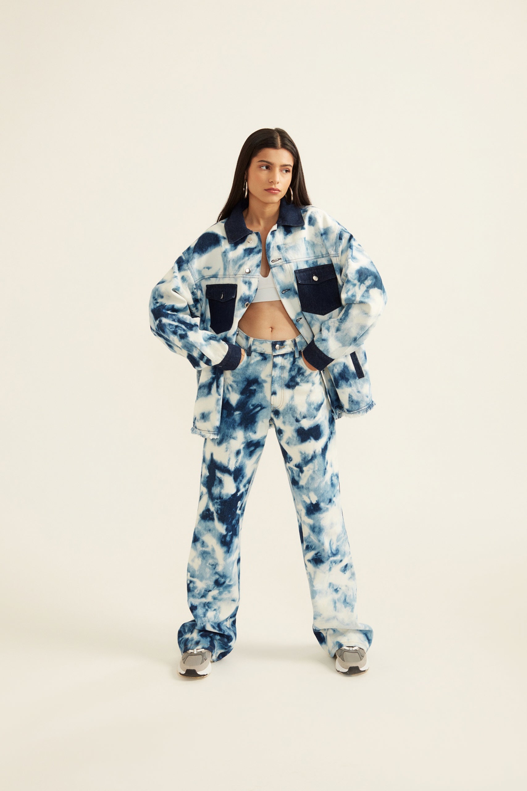 Blue and White Tie-Dye Effect Flared Denim Jeans for Women