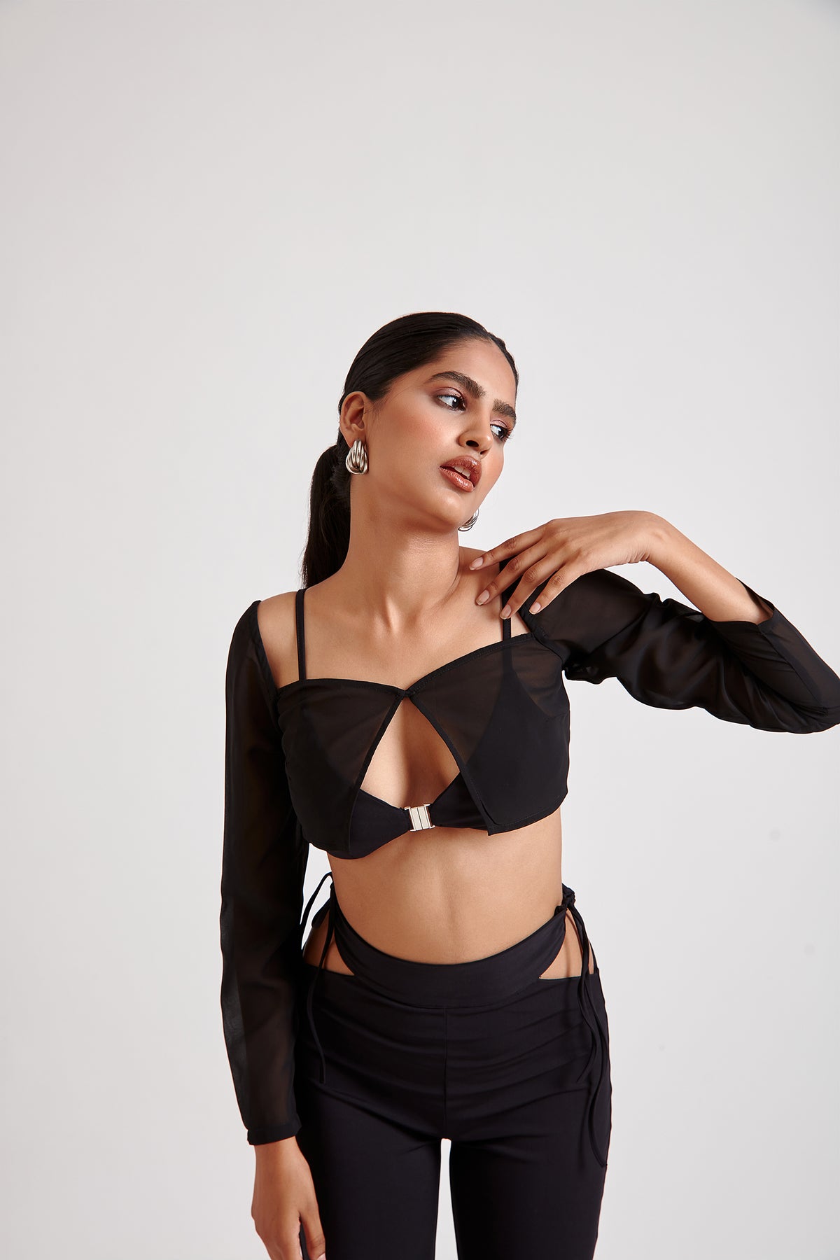 Metal Buckle Bralette Top with Sheer Overlay Top