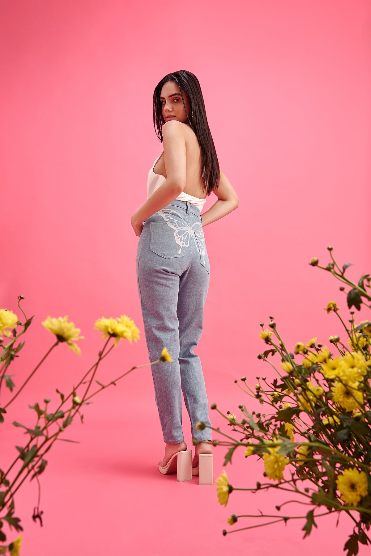 Butterfly-Print Mom Jeans