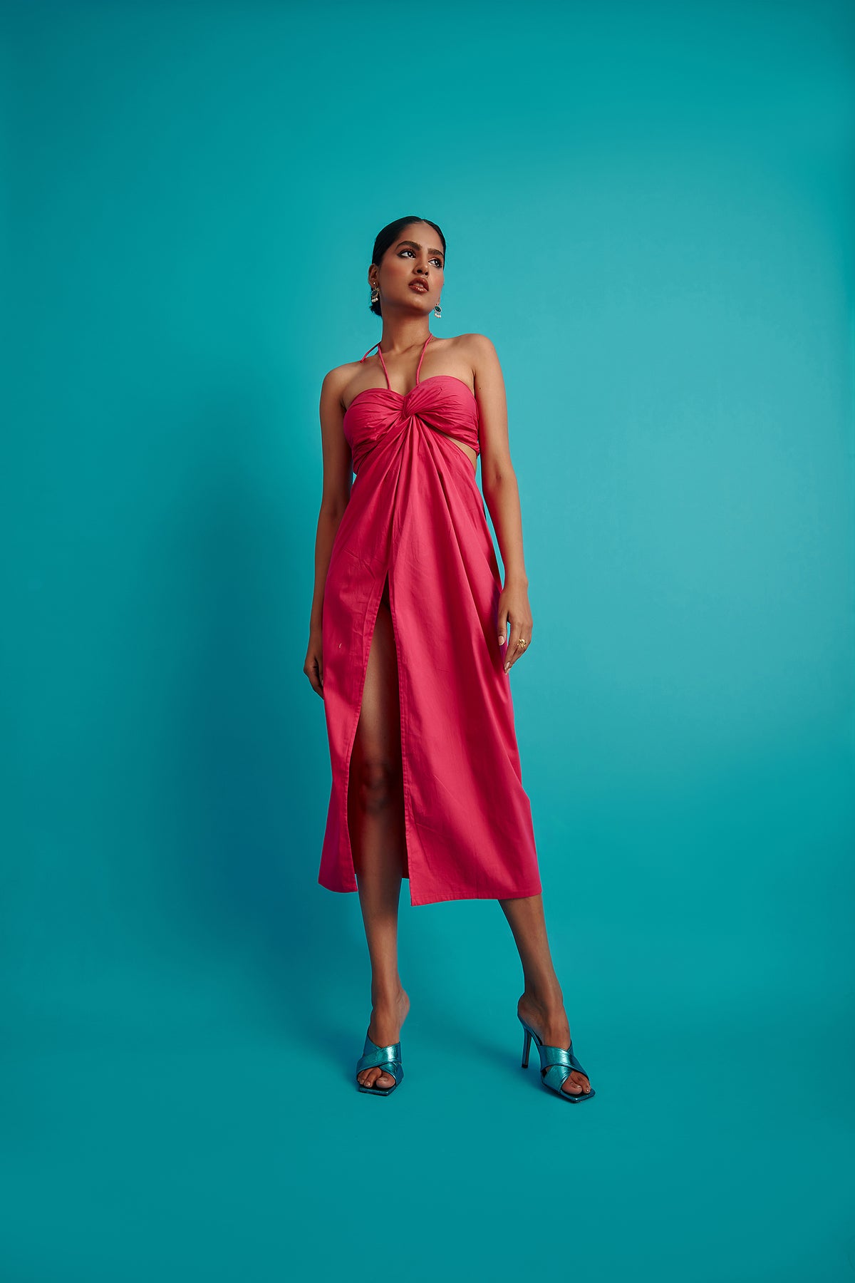 Draped Halter Neck Midi Dress