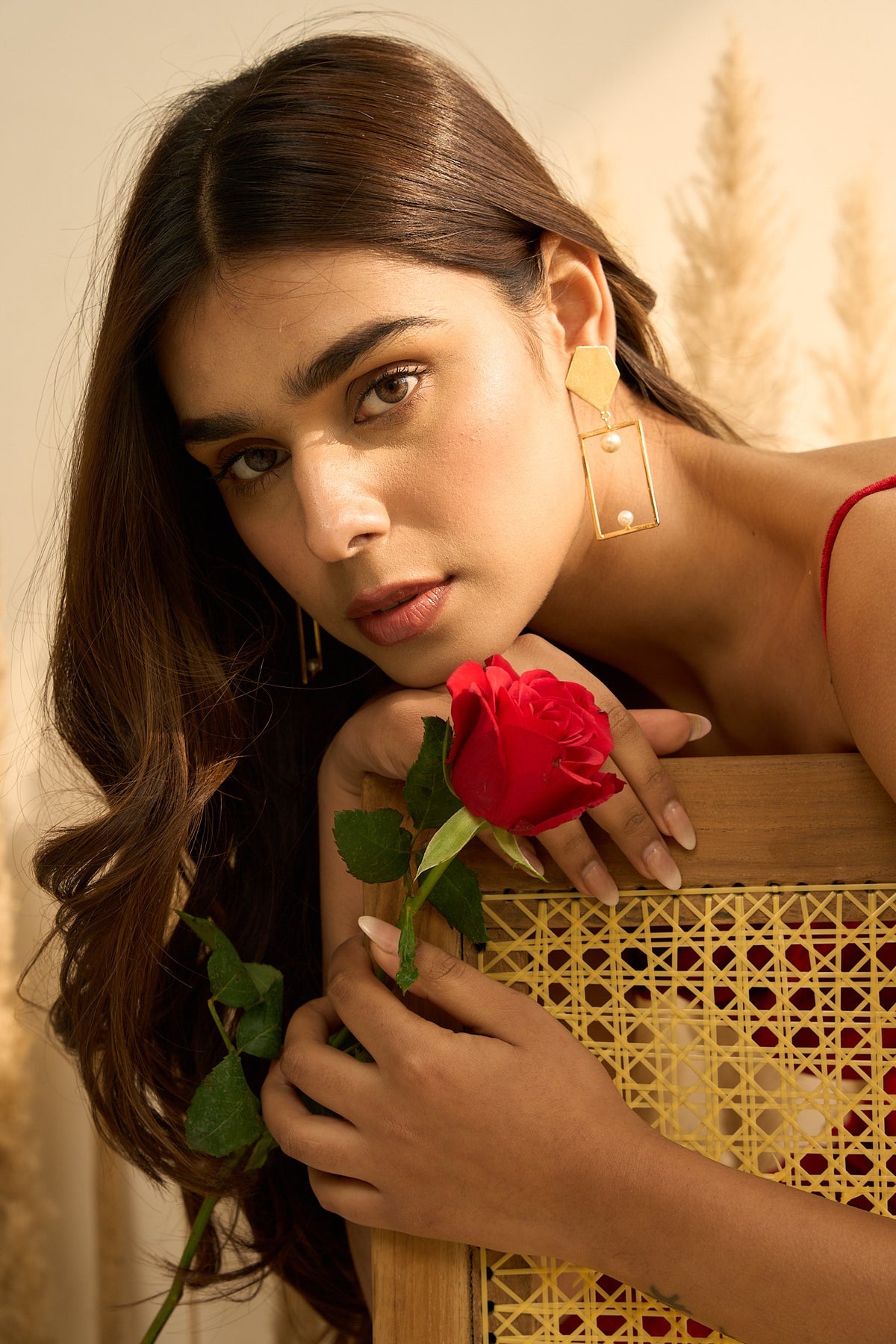 Geometrical Golden Pearl Earrings