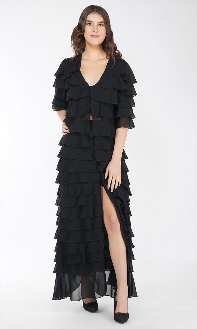 Black Ruffled Center Slit Skirt