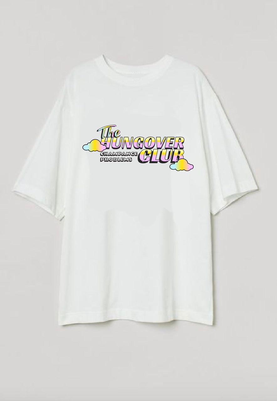 White Oversized Printed Round Neck T-Shirt (The hungover club)