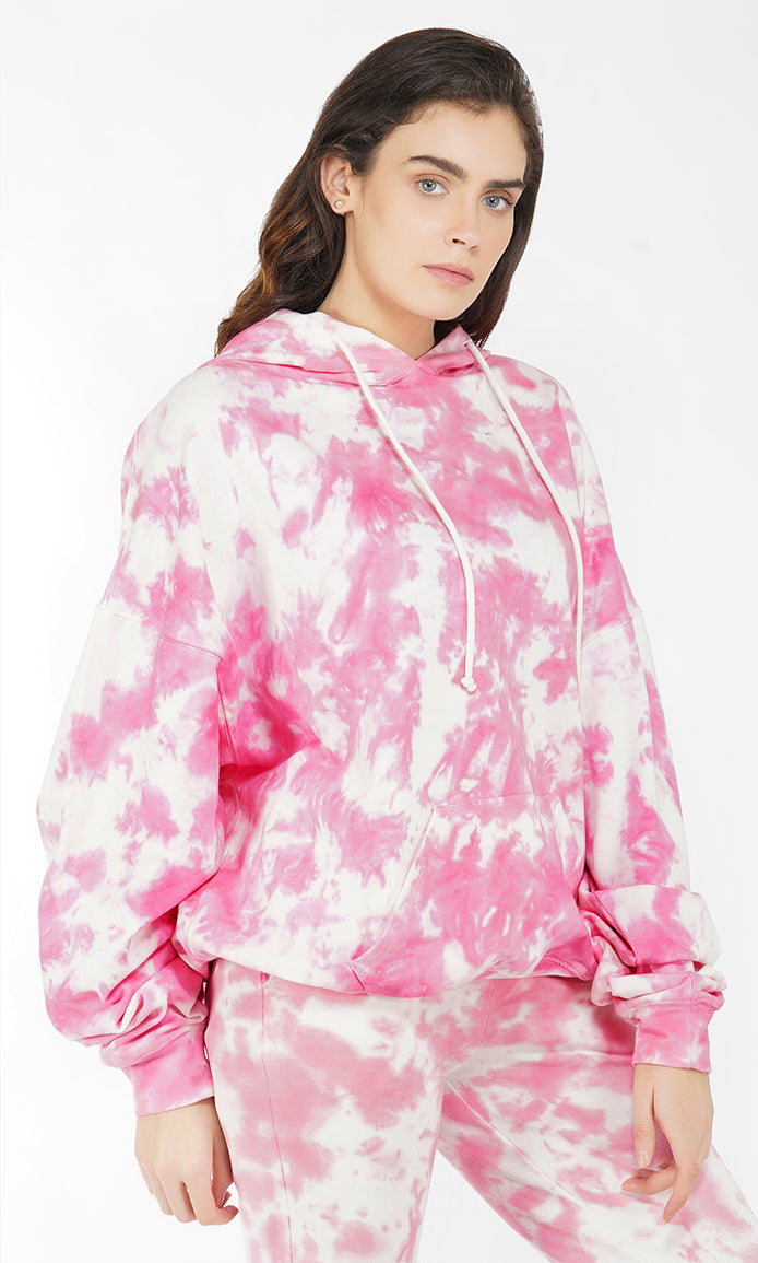 Pink-White Tie & Dye Over-sized Hoodie
