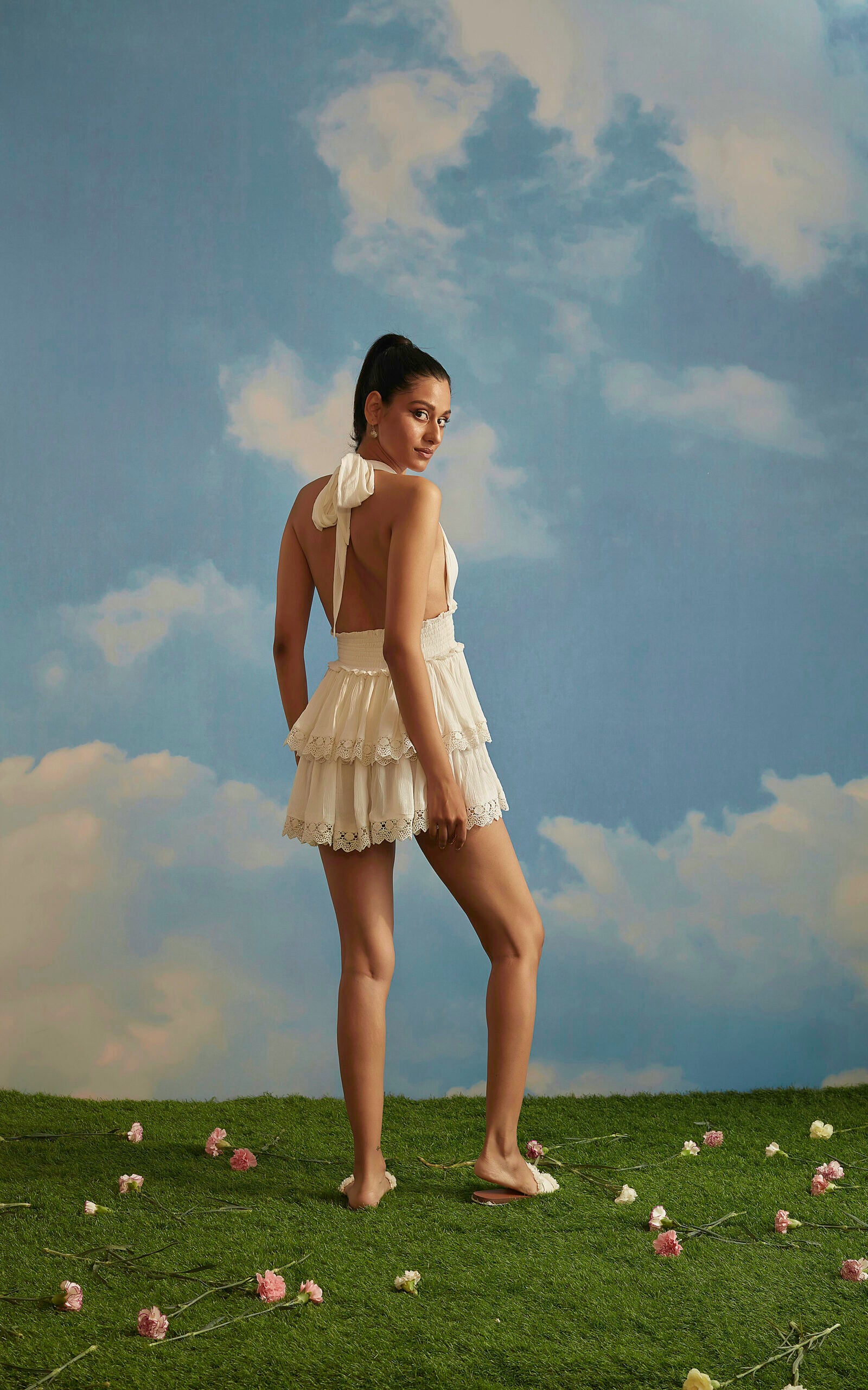 Halter Neck Tie Up Dress With Lace Detail