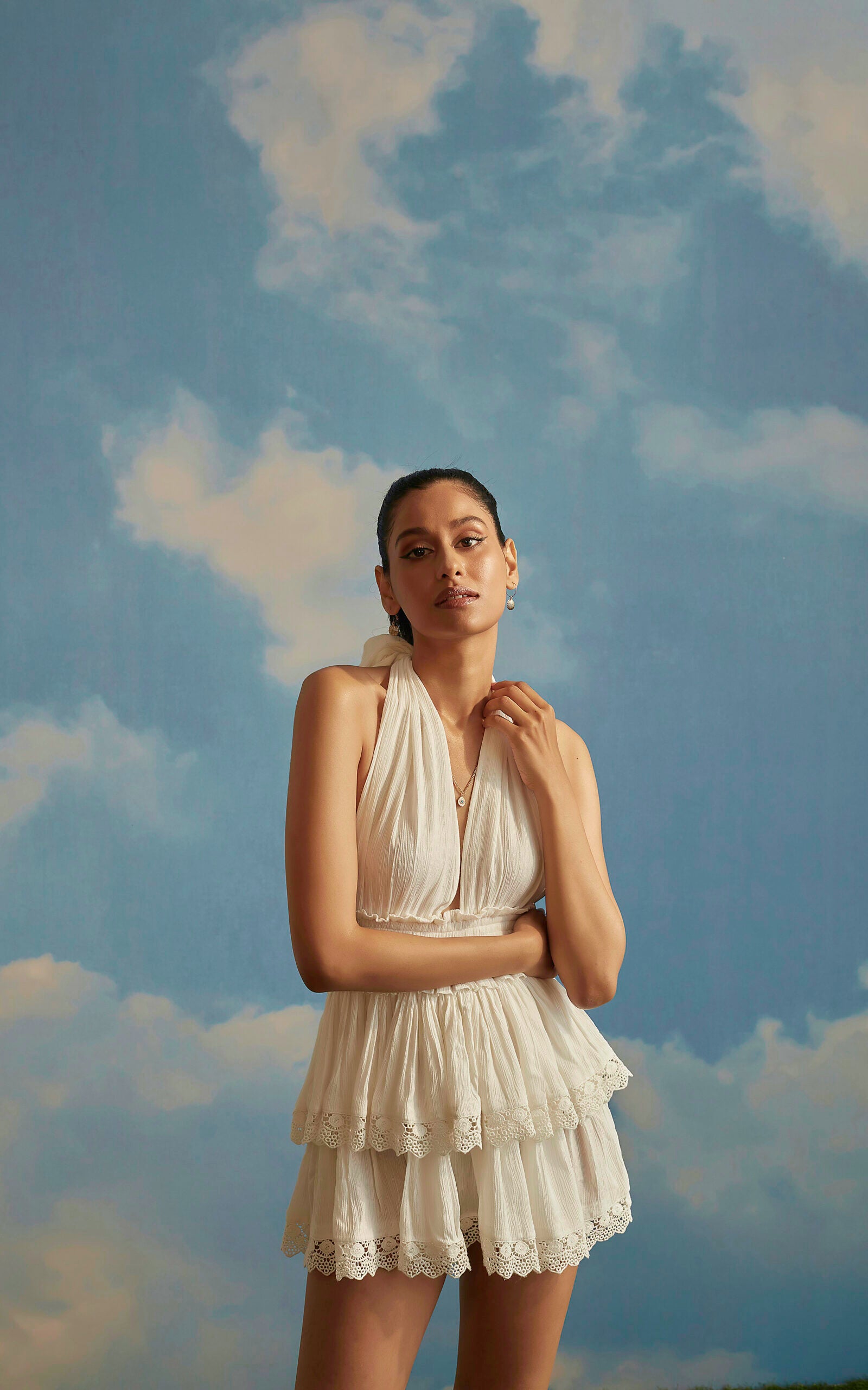 Halter Neck Tie Up Dress With Lace Detail